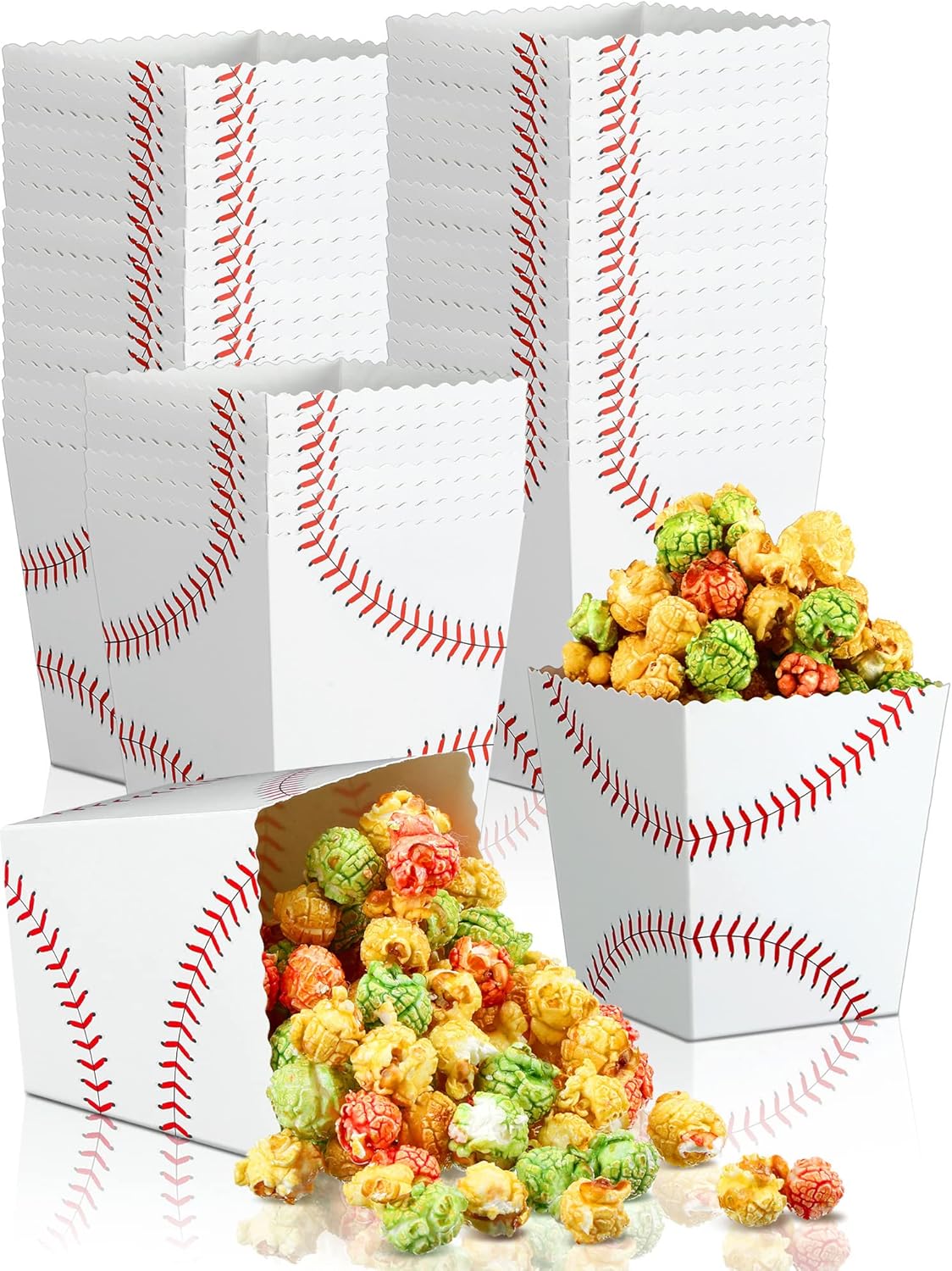 50 Pcs Baseball Popcorn Boxes Paper Cardboard Buckets Baseball Print Popcorn Bags Container for Party Favors Supplies, Sports Themed Birthday Party Decorations Gift