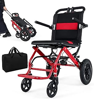 Ultra Lightweight Folding Wheelchair for Adults, 12" Big Rear Tires Transport Wheelchairs, Foldable Portable Travel Wheelchairs for Adults and Seniors Support 220lbs, Airline Approved