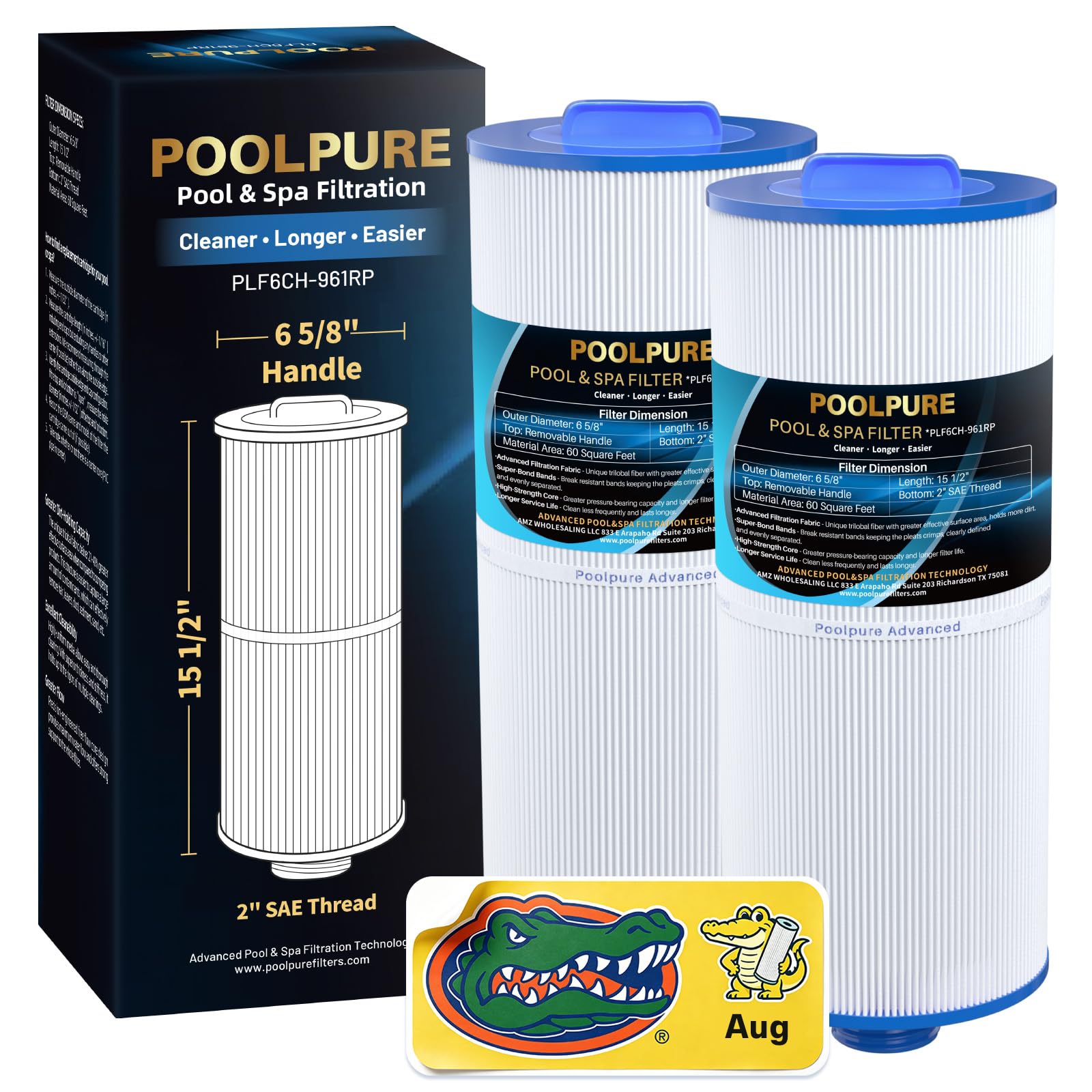 POOLPURE Filtre Sap PLF6CH-961RP remplace PJW60TL-OT-F2S, PJW60TL-OT_x005f, Jacuzzi Prem J300, J400, Unicel 6CH-961, Filbur FC-2715, 6541-383, 6540-476, 60 S60 q.ft Cartouche filtrante Lot de 2