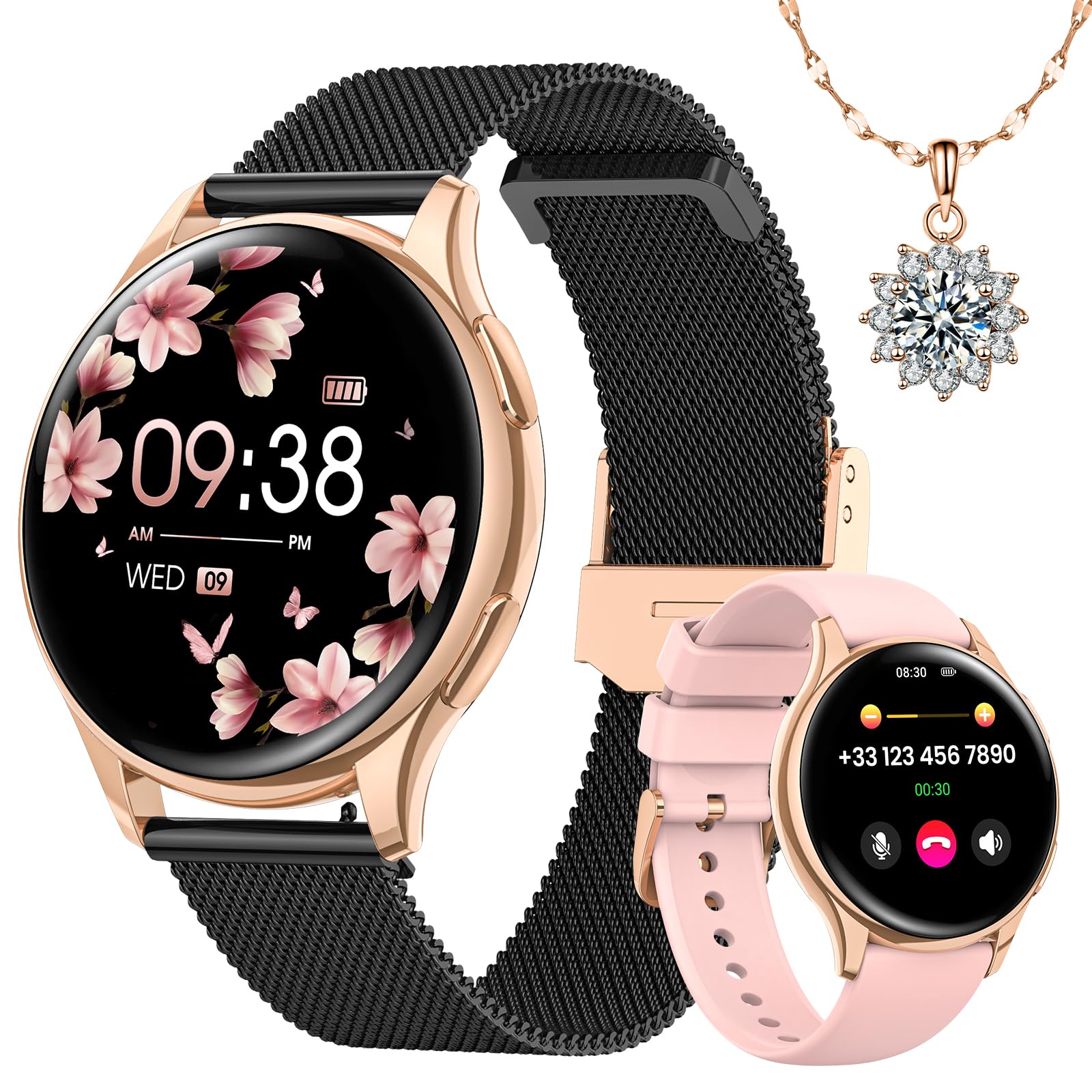 Sanorum Women's Smartwatch with Phone Function, Round 1.27 Inch HD Screen Watch with 120+ Sports Heart Rate Monitor SpO2 Sleep Monitor Menstrual Cycle IP68 Fitness Pedometer for iOS Android Rose Gold