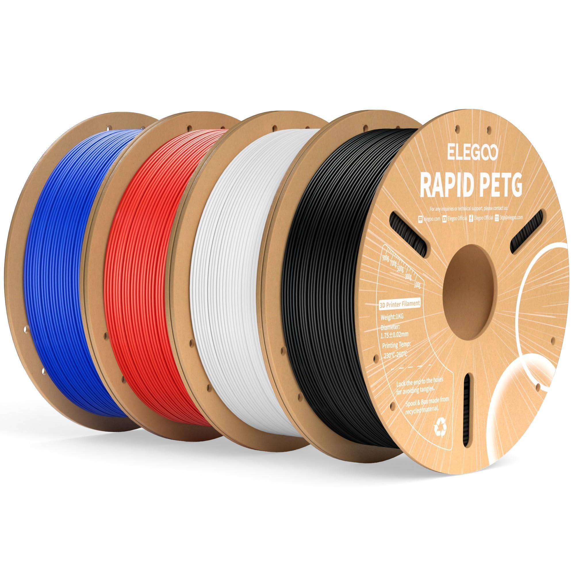 ELEGOO Rapid PETG Filament 1.75mm Bundle 4KG, High Speed 30-600mm/s 3D Printer Filament Accuracy +/- 0.02 mm, 1kg Cardboard Spool(2.2lbs), Fits for Most FDM 3D Printers(Black, White, Blue, Red)
