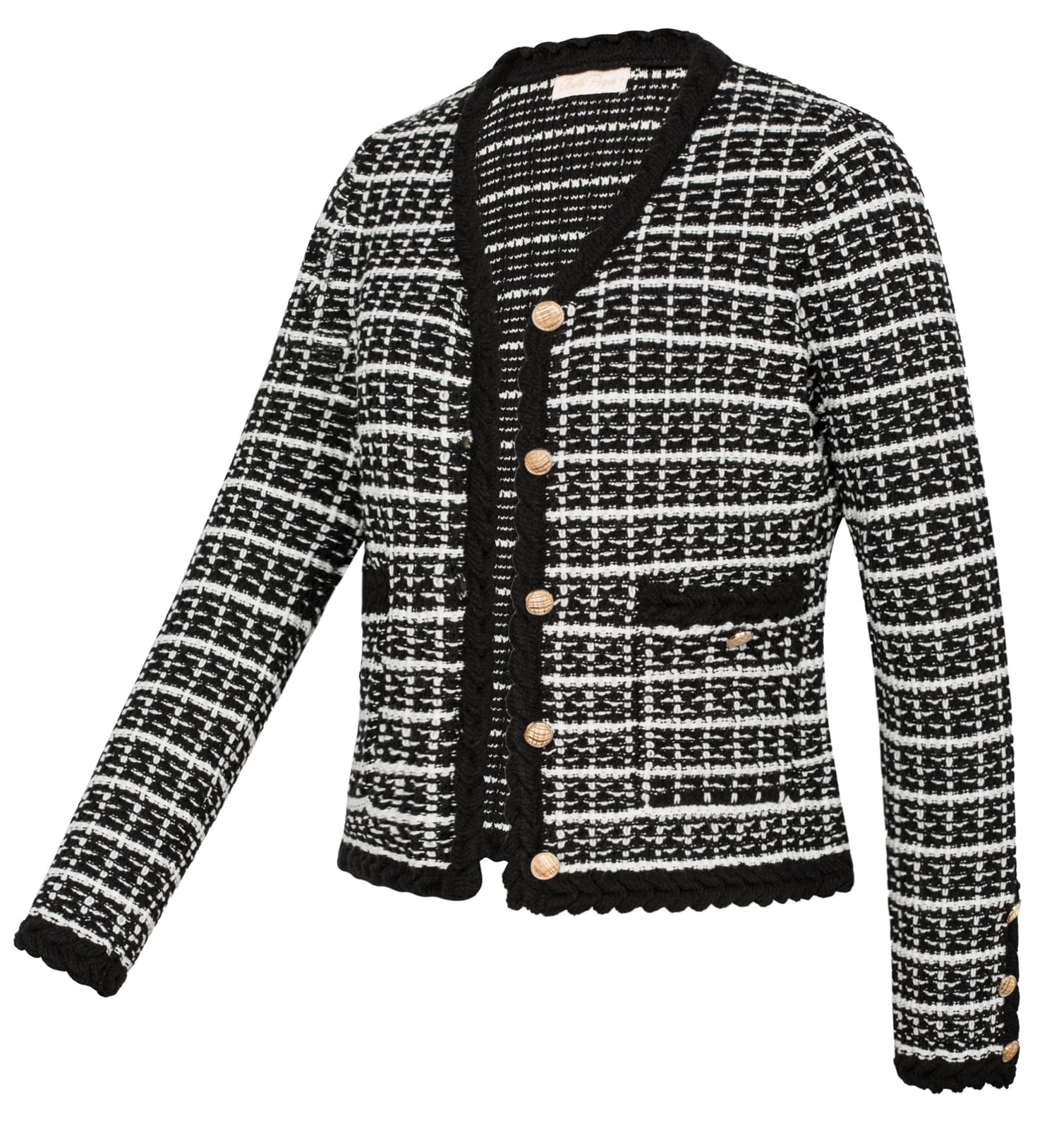 Belle Poque Women Cardigan Sweaters Tweed Pattern Jacket V Neck Sweater Blazer with Button for Fall Winter Spring