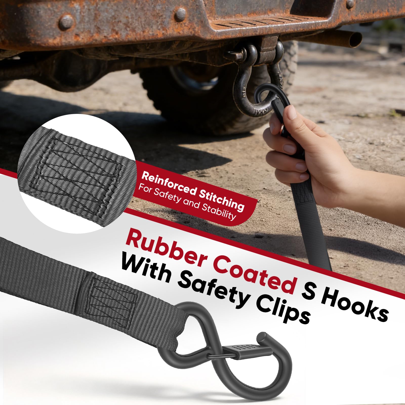 Cinghie a Cricchetto Automatiche, Set da 2 Cinghie di Fissaggio per Moto, 3,5 m x 25 mm, Portata 680 kg. Cinghia di Ancoraggio con Ganci a S per Camion, Auto, Rimorchi, Motociclette, Barche - 4