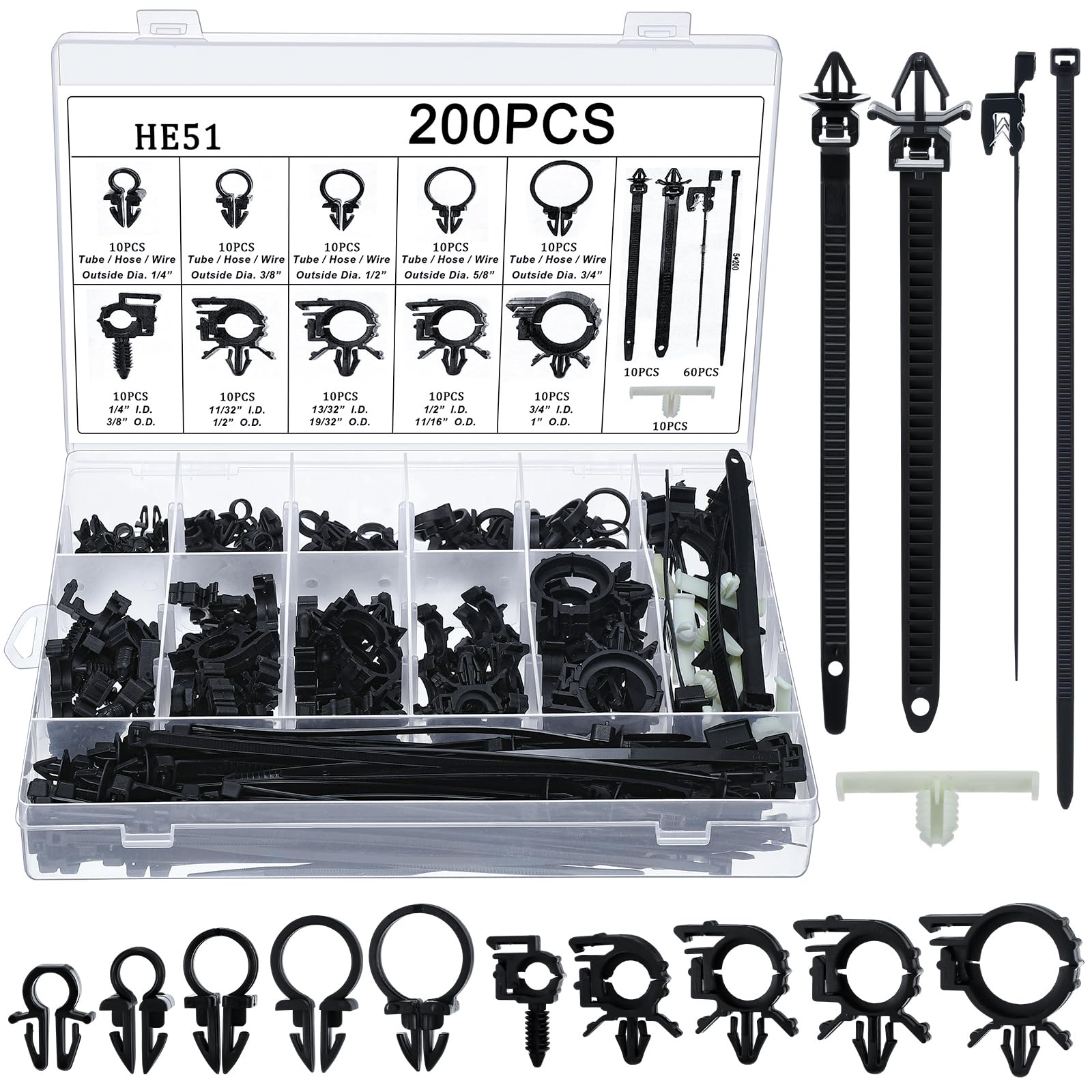 200pcs Car Wire Loom Routing Clips Push Mount Cable Tie Assortment 15 Sizes Cable Zip Tie with Car