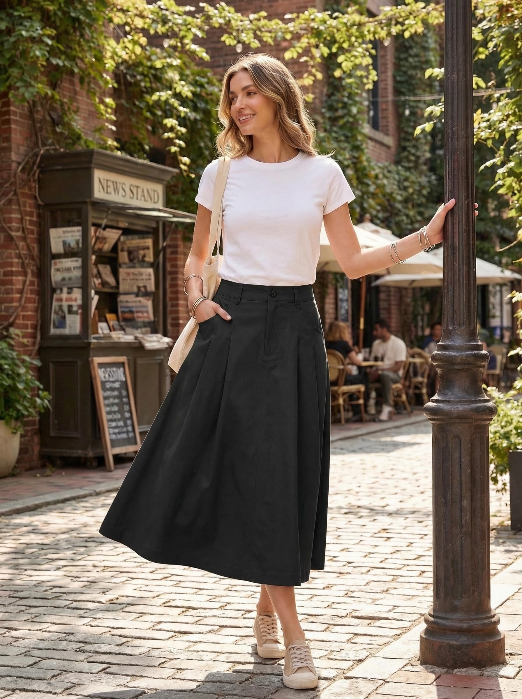 GRECERELLE Damen Rock Sommer Langer Röcke A-Linie Sommerrock Elegant Arbeitsrock Maxirock Strandkleider mit Tasche, Knöpfen