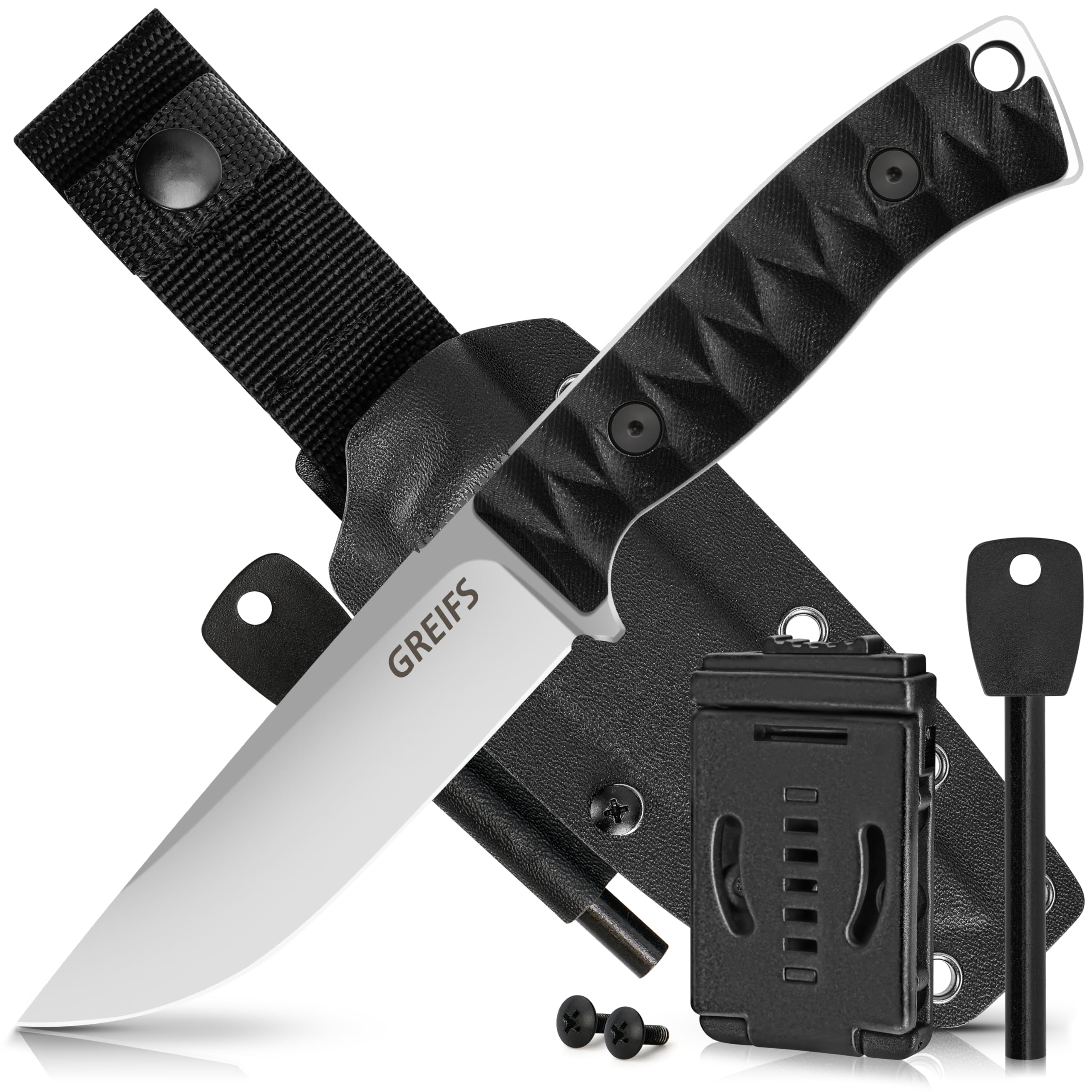 GREIFS® Outdoor-Messer aus D2 Stahl mit Kydex Holster und Feuerstahl, edles Survival Messer für die Bushcraft Ausrüstung, Jagdmesser, Schnitzmesser, Fahrtenmesser (Ranger/Silber-Schwarz)