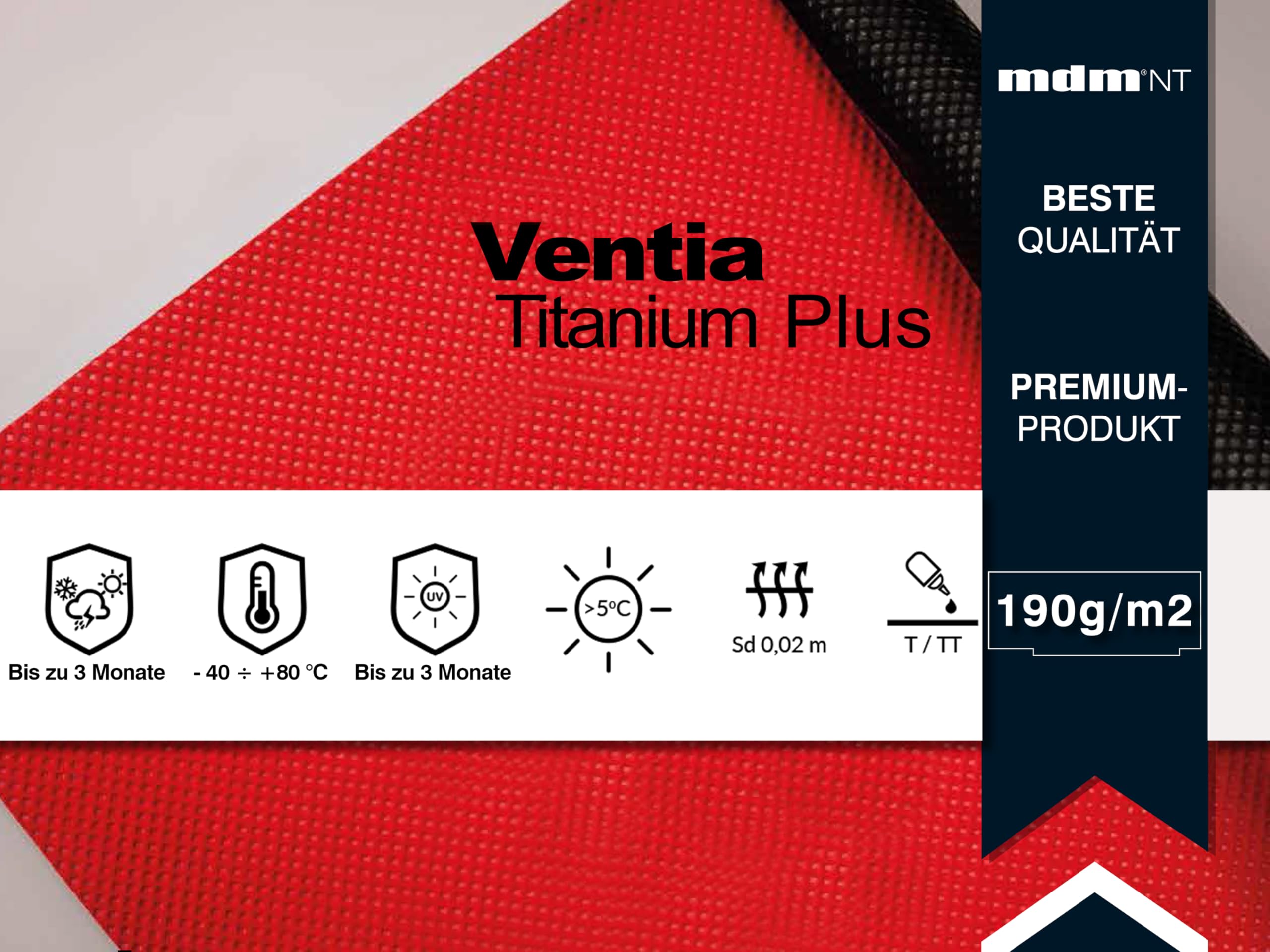 Unterspannbahn Ventia Titanium Plus 190 g, Dachfolie 37,5 m², 3-lagige Unterdeckbahn gegen Feuchtigkeit, Wind & Staub, Diffusionsoffen, Wasserdicht & UV-beständig, mit 2 Selbstklebekanten