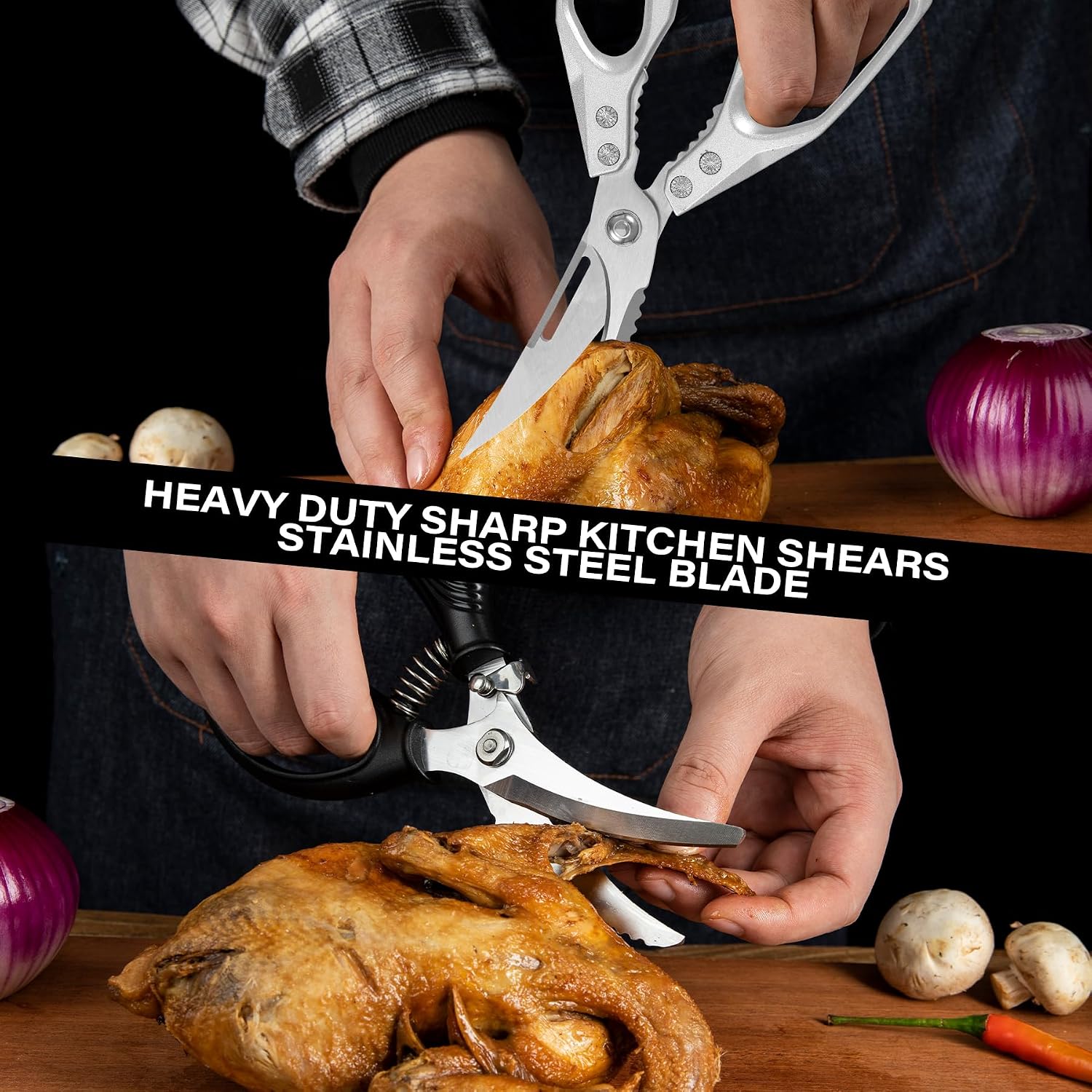 2PCS Kitchen Shears Set, Heavy Duty Poultry Shears with Spring Loaded, All Purpose Kitchen Scissors for Food Come Apart Culinary Chef Scissors for Cutting Chicken Meat Vegetable, Black & Silver