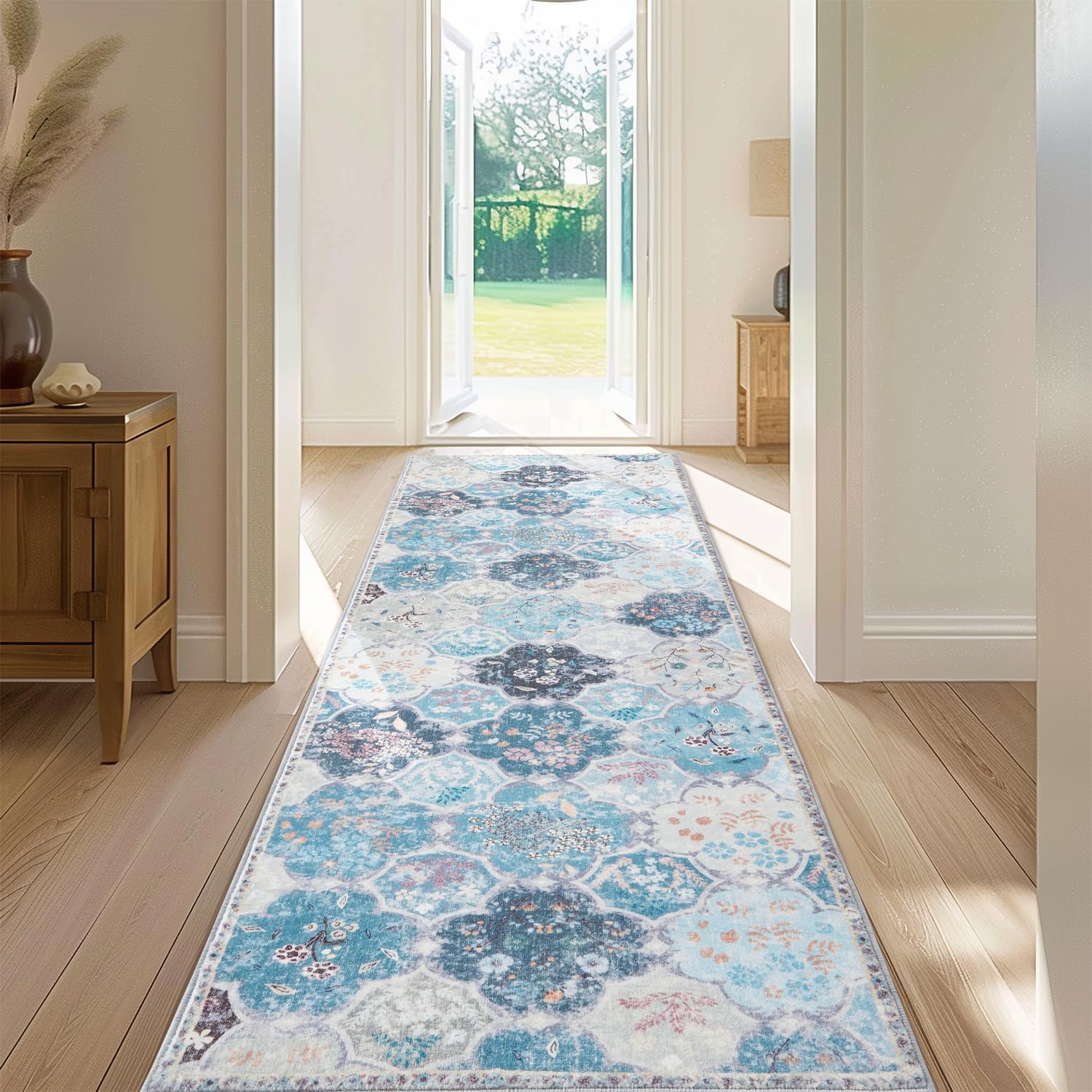 Washable Runners for Hallway - 2.5'x8' Boho Hall Carpet Runner Kitchen Rugs, Print Distressed Non-Slip Soft Low Pile Entryway Floor Carpets for Indoor Hallway Bedroom 2.5' x8' Grey Blue