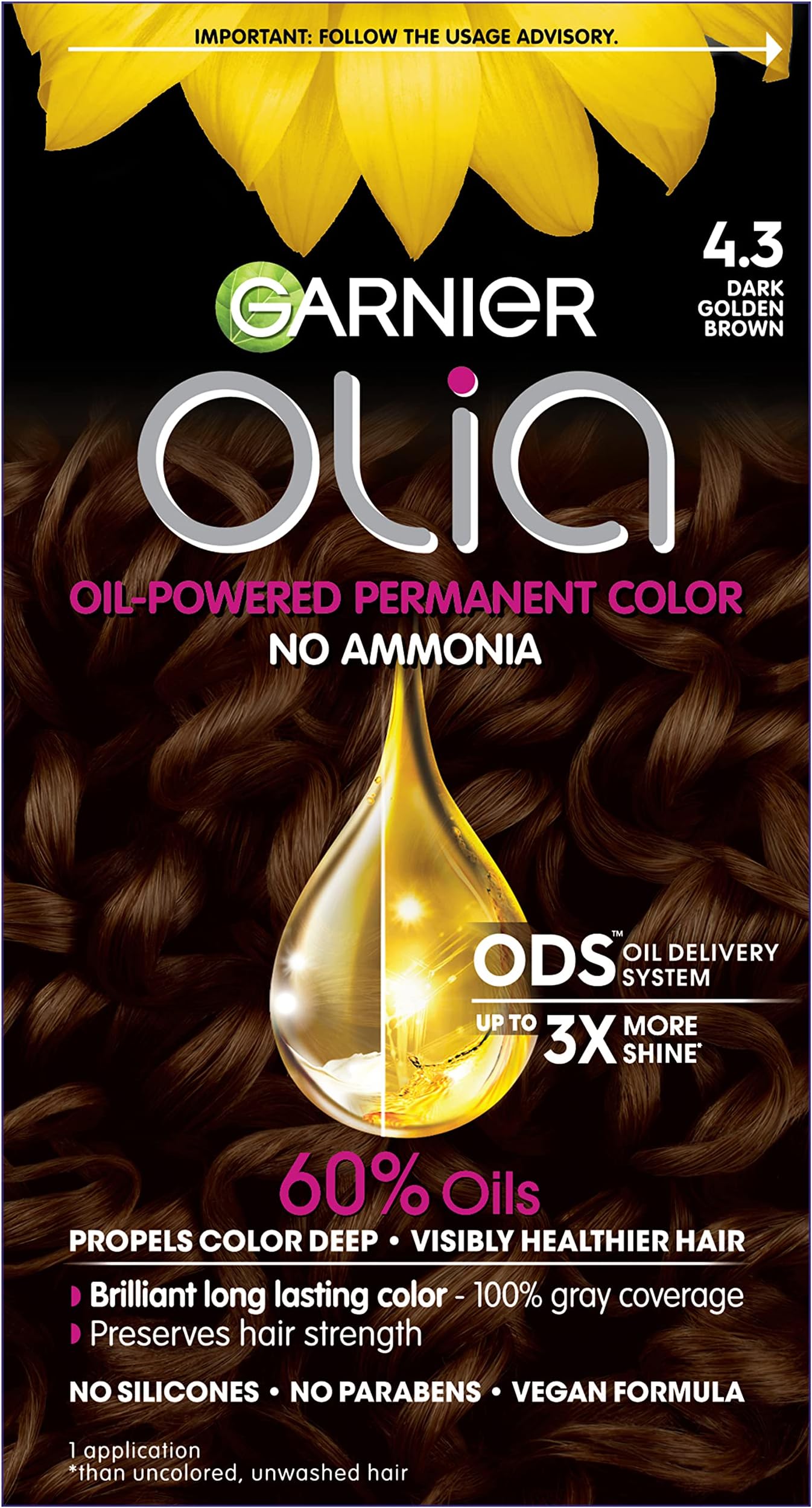 Garnier Olia Ammonia-Free Brilliant Color Oil-Rich Permanent Hair Color, 4.3 Dark Golden Brown (Pack of 1) Brown Hair Dye (Packaging May Vary)