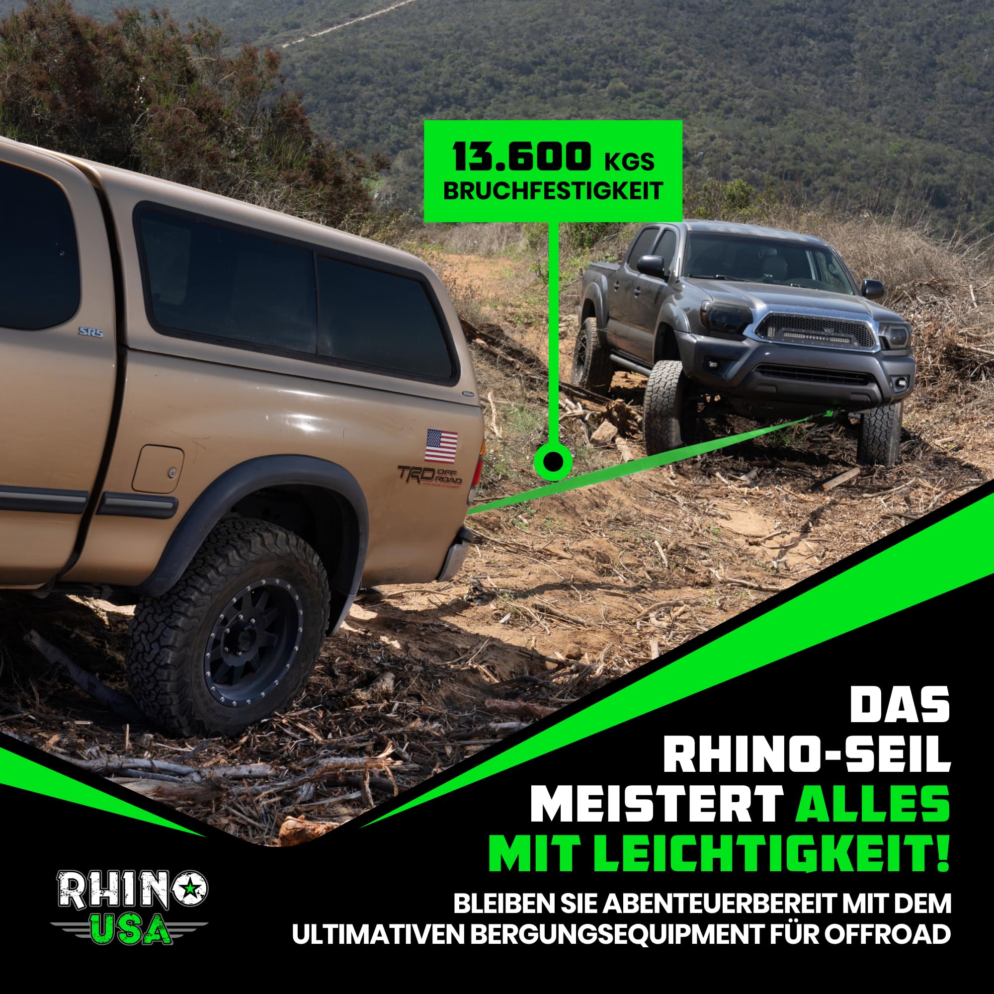 Rhino USA Abschleppgurt (7,6 cm x 9,1 m) - 13.600 kg Bruchfestigkeit - Notfall-Wiederherstellungsstrap für Truck, UTV, ATV - Abschleppseil - Schwerlast-Abschleppgurt für Offroad 4X4 Nutzung - Grün