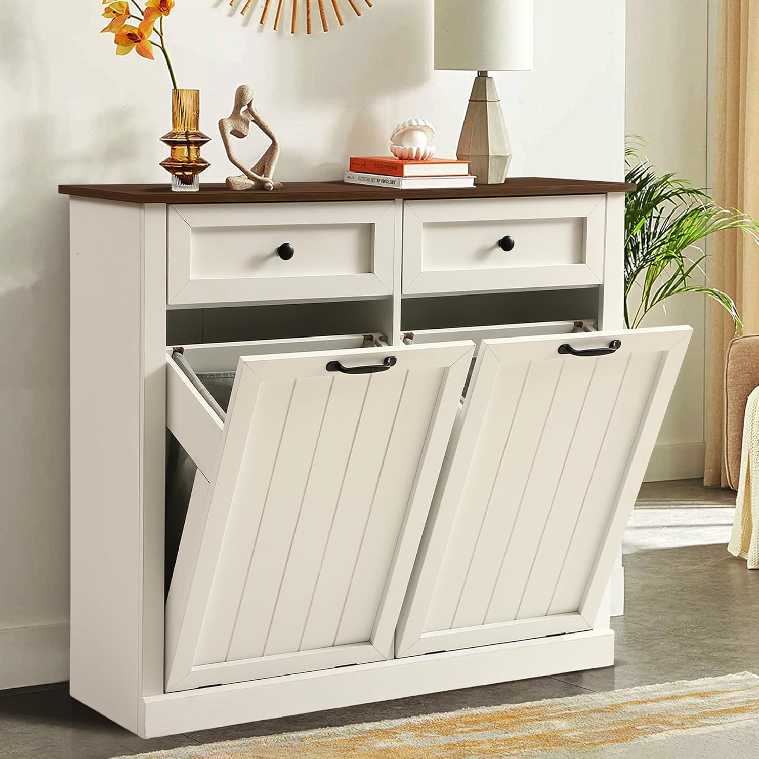 Double Tilt Out Laundry Hamper Cabinet, Modern Farmhouse Trash Can Cabinet w/2 Drawers, Wooden 22 Gallon Hidden Garbage Cabinets with 2 Laundry Storage Baskets for Kitchen and Bathroom (White)