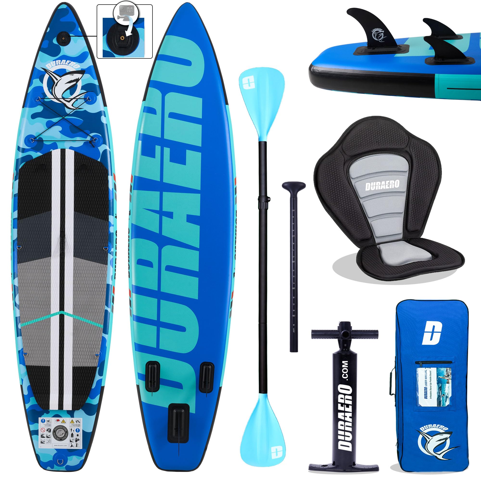 Stand up paddle gonfiabile, sedile per kayak e supporto per fotocamera, pagaia 2 in 1, 330 x 76 x 15 cm, fino a 150 kg, pompa con cinghia da piede, zaino