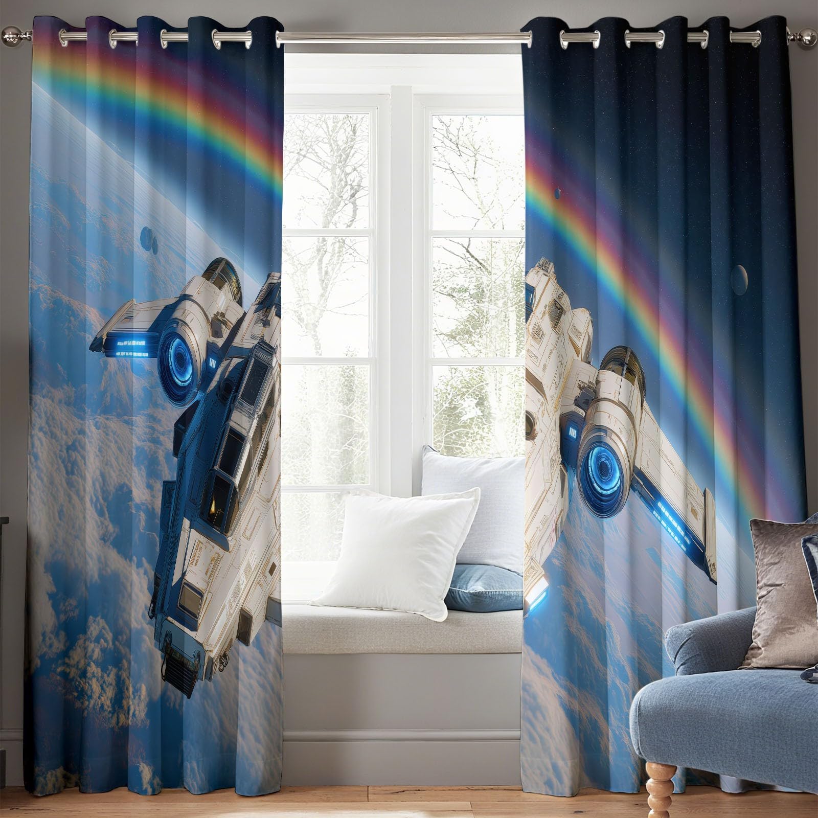 Cortinas de Ventana 140 x 260 cm (2 Paneles) Fáciles de Colgar, Universo Espacial Moderno Nave Espacial Opacas Térmicas Aislantes del Frío y del Calor, Arcoíris para Dormitorio o Sala de Estar
