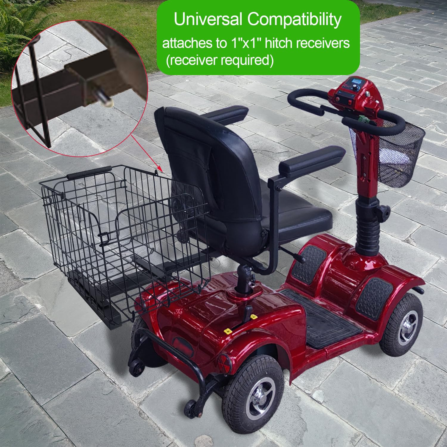 Cesta trasera plegable para scooter de movilidad, cesta portátil de metal resistente con asa, compatible con receptores de enganche de 1 x 1 pulgada (scooters y sillas eléctricas)