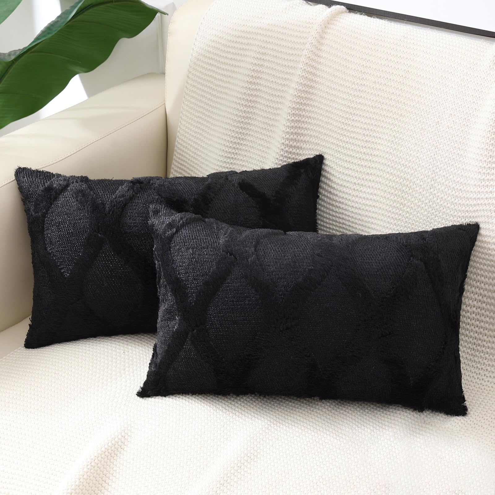 decorUhome Spring Throw Pillow Covers 12x20 Inch Set of 2, Soft Plush Faux Fur Wool Lumbar Black Accent Couch Pillow Covers for Modern Farmhouse Bed Sofa Living Room