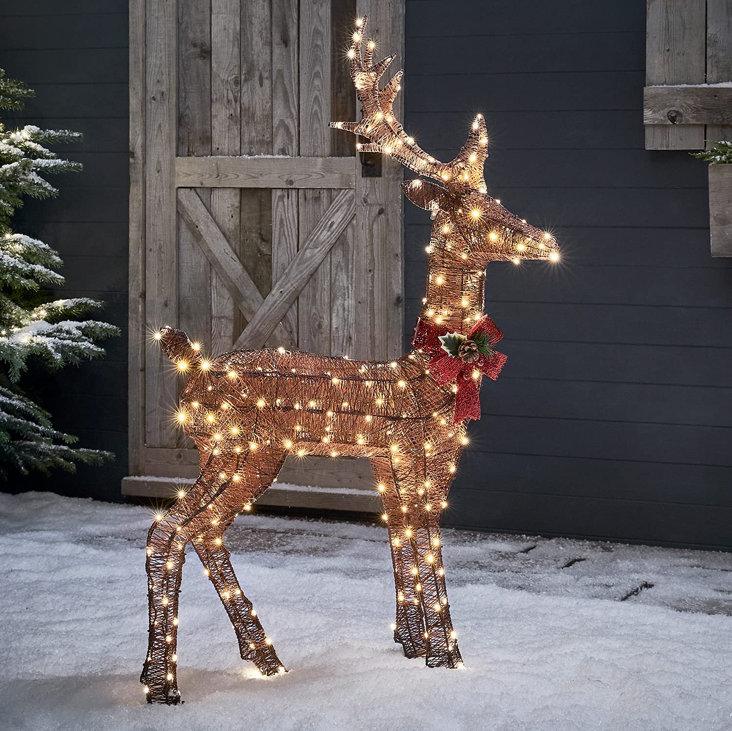 Lights4fun Renna di Natale Luminosa in Filo di Cotone Marrone con 240 LED Bianchi Caldi Decorazione Natalizia Arredo Giardino Esterni