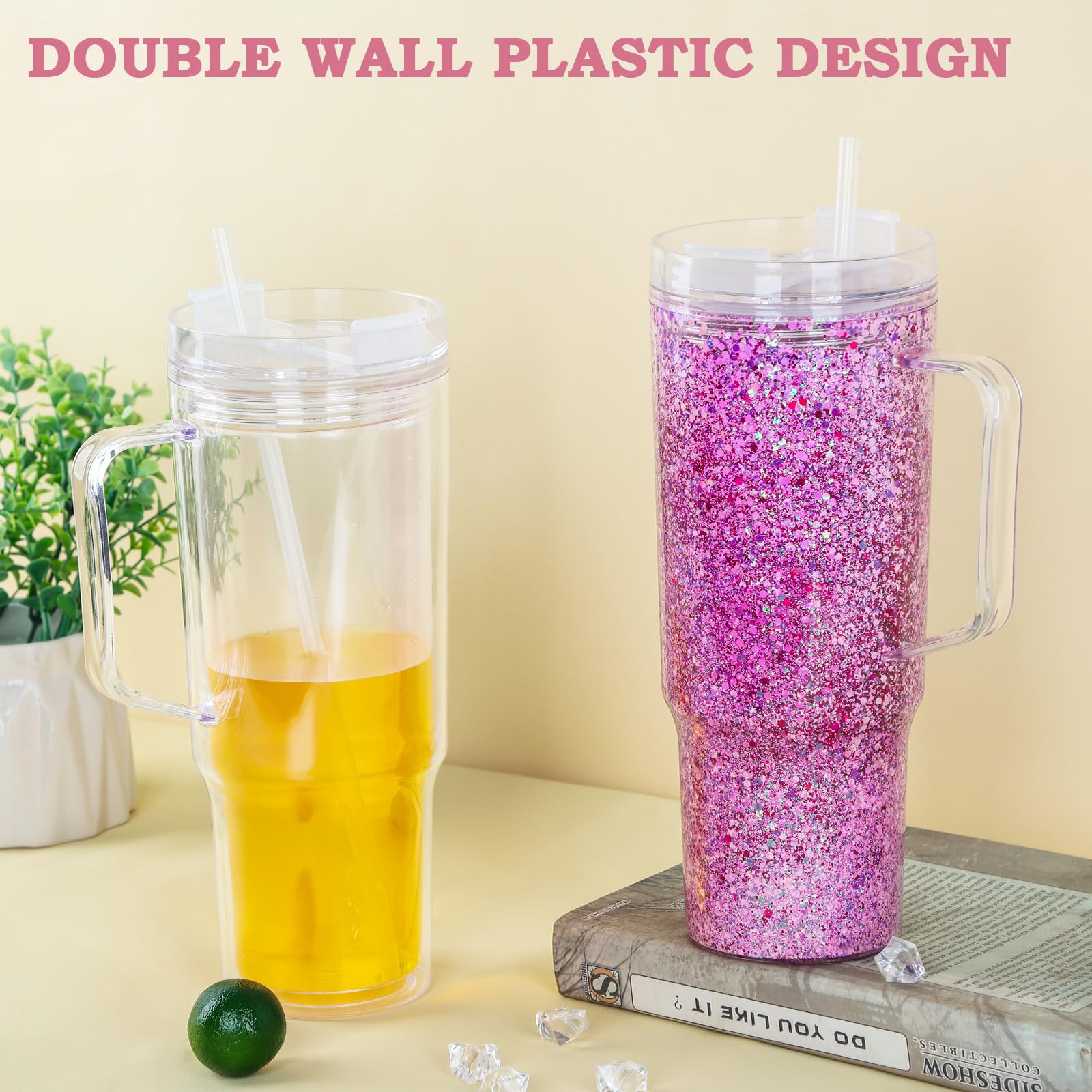Cosictic 40 OZ Mehrweg Acryl-Schneekugel-Tumbler mit Griff und vorgebohrtem Loch, 1182ml, Kunststoff-Doppelwandiger Schneekugel-Tumbler mit klarem Deckel und Trinkhalm, (4 Stück)