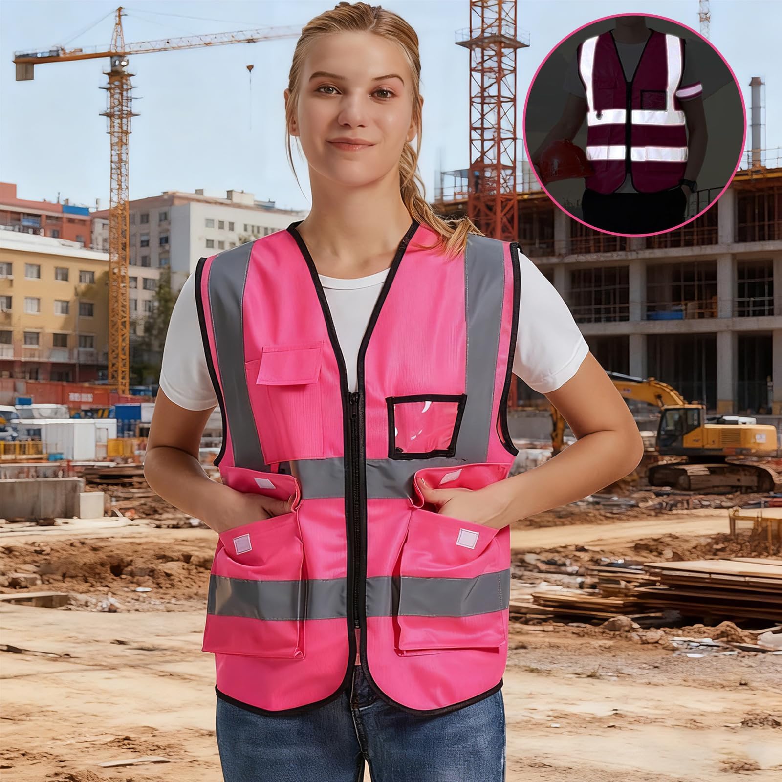 2 Stück Warnweste Pink für Damen Männer, Warnweste Erwachsene Pinke Warnwesten Reflektierende Jacke mit Taschen und Reißverschluss, Rosa Sicherheitsweste für die Sicherheit auf dem Bau