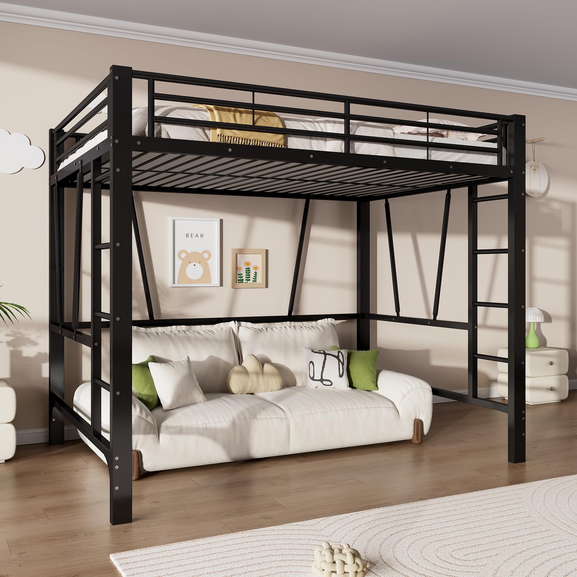 Lcoho Cama alta de 140 x 200 cm, estructura de metal, escalera doble, diseño abierto debajo de la cama, sin colchón, color negro.