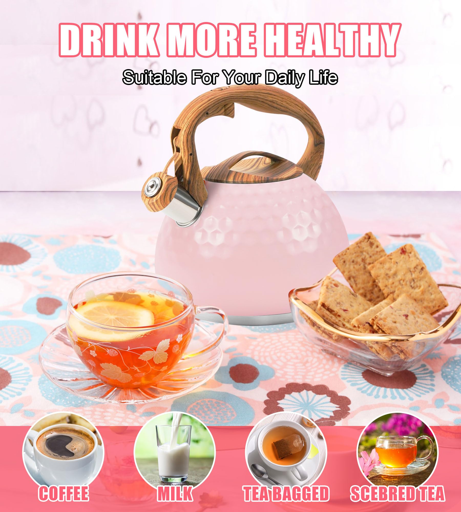 Czajnik do herbaty, gwizdający czajnik do herbaty ze stali nierdzewnej do kuchenki, czajniczek klasy spożywczej z drewnianym uchwytem do kawy, herbaty, mleka itp., gazu elektrycznego, 3,2 l