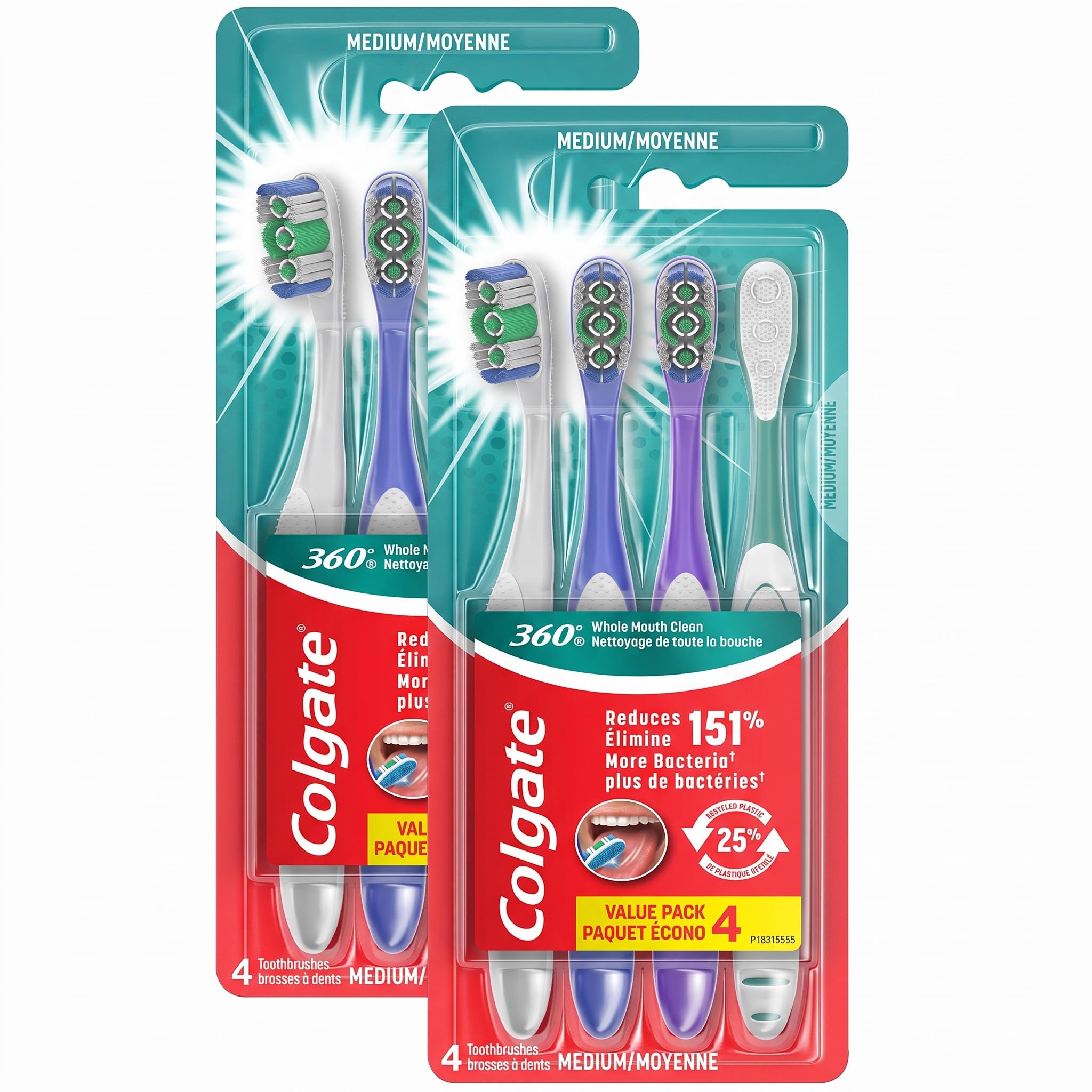 Colgate 360 Adult Toothbrush, Medium (4) Pack, Battery Powered, Red