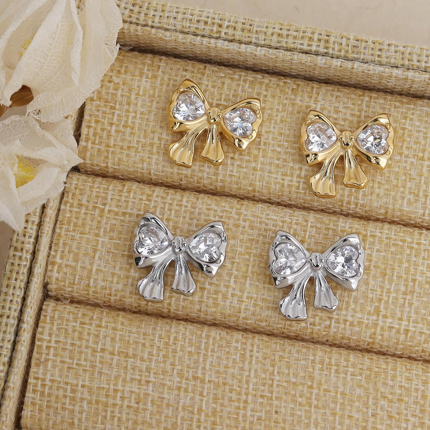 Chunky Silver Crystal Rhinestone Bow Stud Earrings for Women,Statement Fashion 14K Gold Heart Cubic Zirconia Ribbon Earing Wedding Prom Jewelry Gift - Image 7