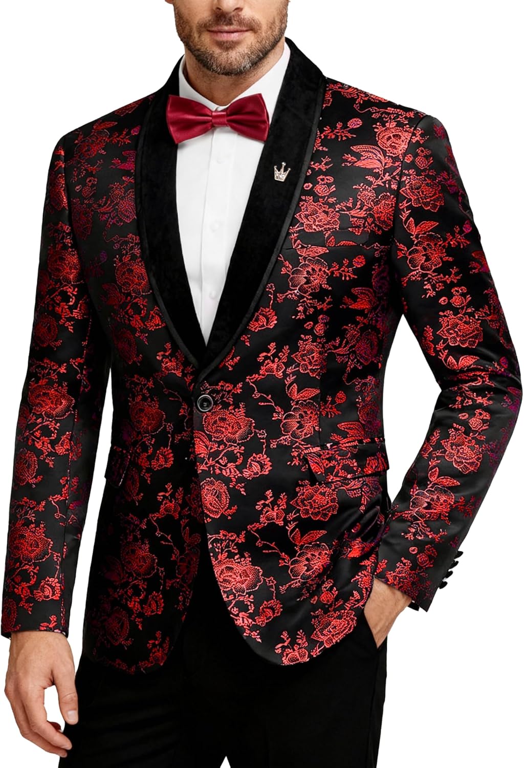 MY'S Men's Velvet Floral Blazer, One Button Tuxedo Jacket, Shawl Lapel Suit Coat for Dinner Prom Party Wedding