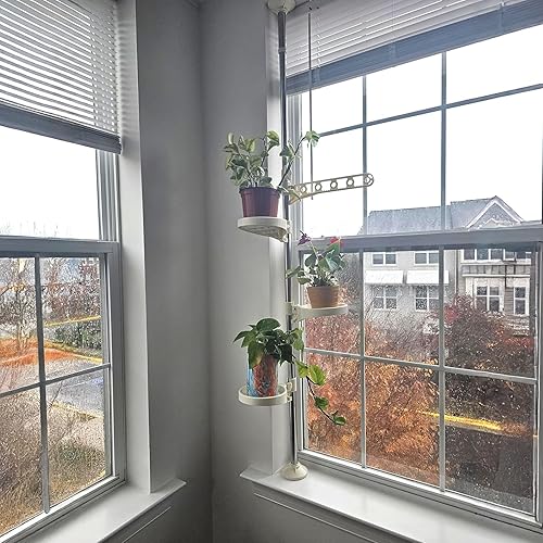 Miniatura 2 de Poste de planta de tensión de 4 niveles altura ajustable de 35 a 72 pulgadas, soporte para interiores y exteriores con 3 bandejas, gancho para