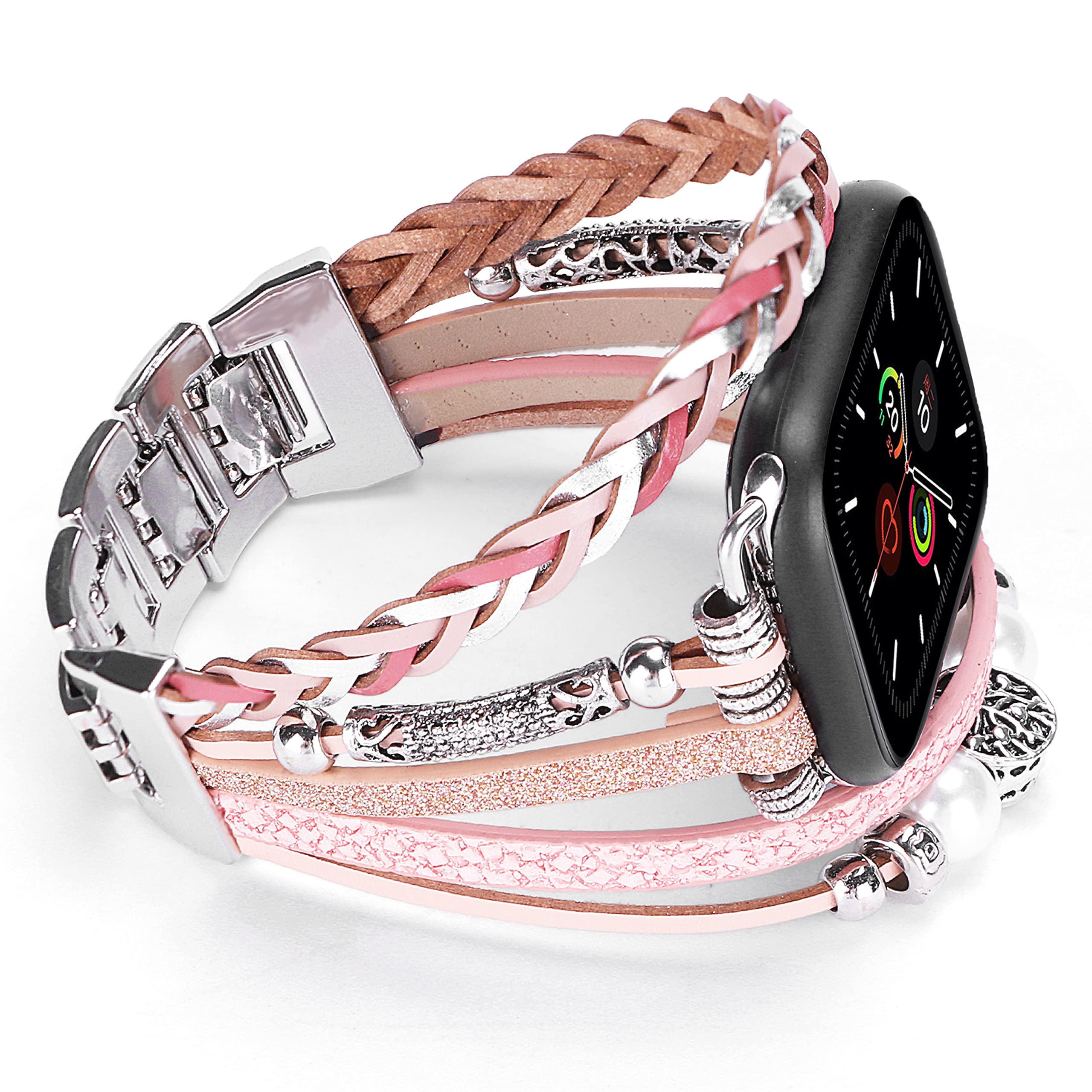 HUOTO Luxury Leather Bands Compatible With Apple Watch 38mm 40mm 41mm 45mm 44mm 42mm 49mm Women Men Girls, Handmade Bracelets Multilayer Jewelry Wrap Strap with Adjustable Metal Clasp for iwatch Series Ultra SE 8 7 6 5 4 3 2 1