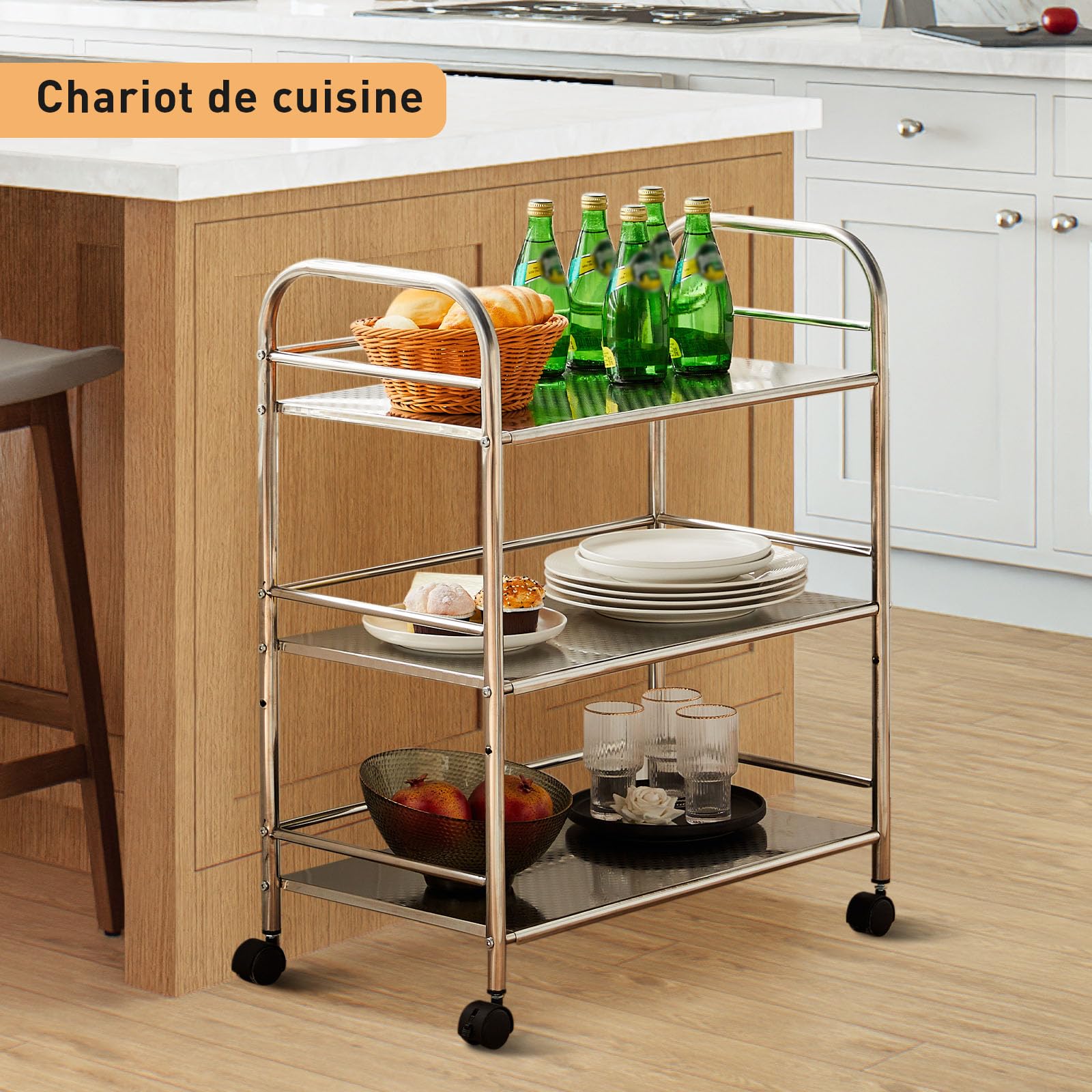 LEMROE Chariot de Service 3 Niveaux en Acier Inoxydable avec roulettes 360° Amovibles - Chariot de Cuisine, Restauration, Hôtellerie, Salon & Restaurant