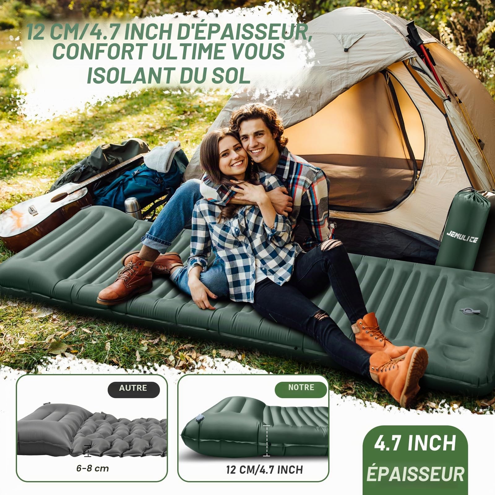 Matelas de Camping avec Pompe à Pied, Épaisseur Améliorée 12CM Tapis de Couchage Autogonflant, Matelas Randonnée avec Oreiller, Matelas Gonflable Ultraléger pour Camping,Tente,Randonnée