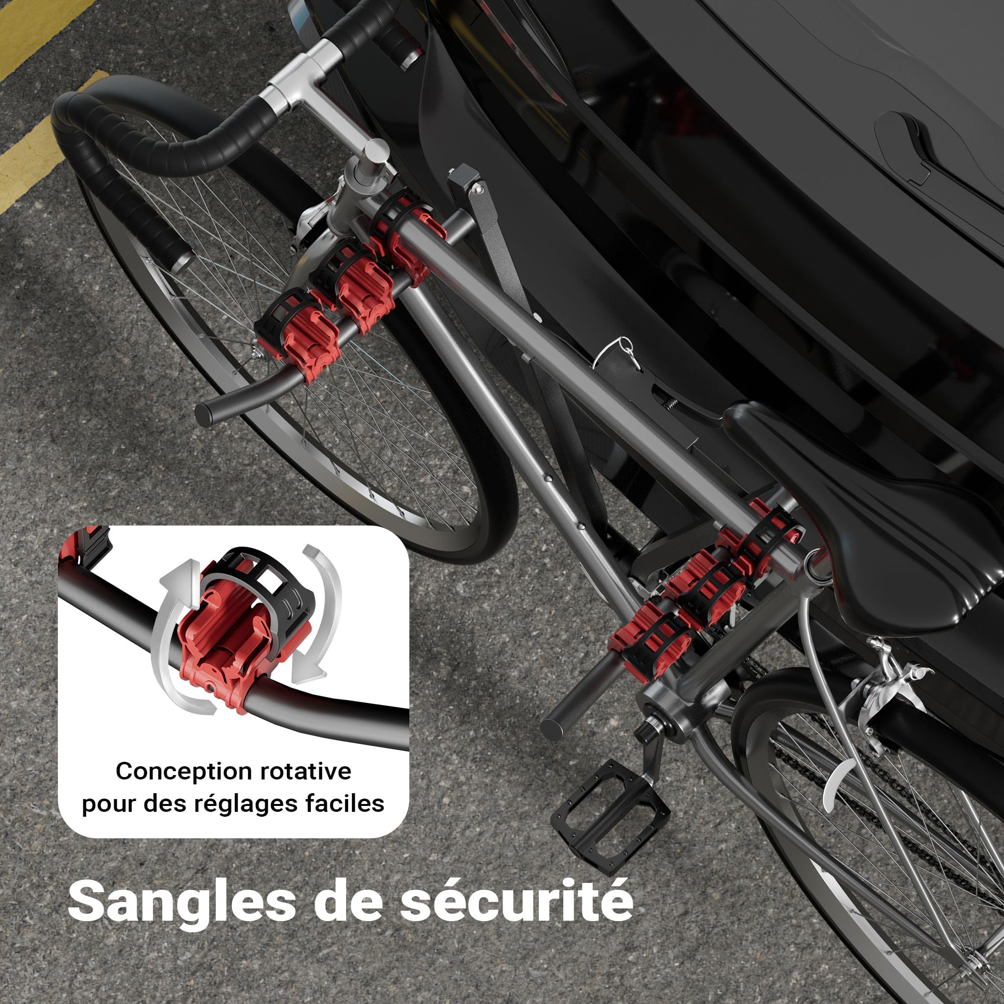 Wiltec Porte vélos d’attelage – capacité 3 vélos, 45 kg – en Acier Q235 – pour Boule d’attelage – vélos Tout Terrain, VTT, VAE, vélos électriques – avec Sangles en Nylon
