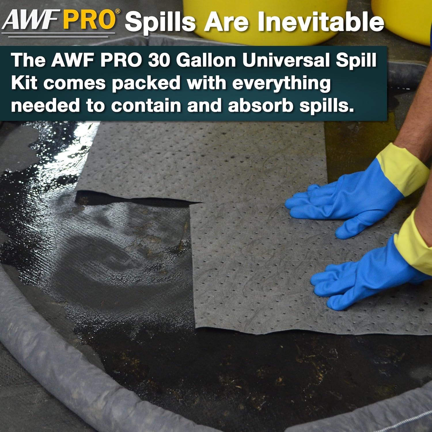 AWF PRO 30 Gallon Universal Spill Kit, 81 Pieces – 30 gal DOT Approved Drum, Socks, Pads & Pillows, & Accessories