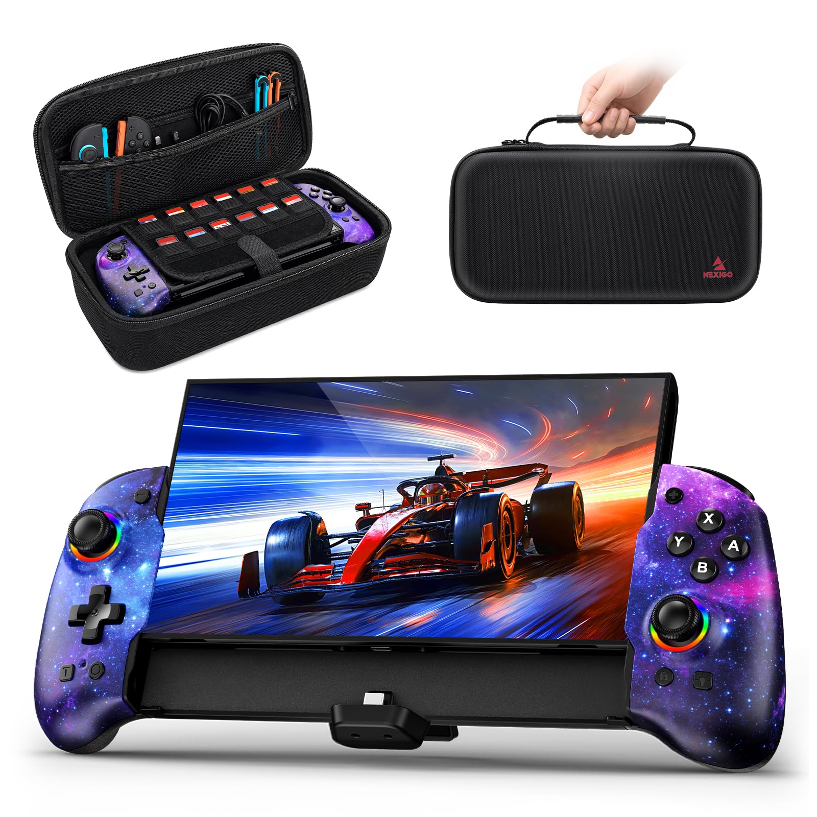 NexiGo Hall-Effekt-Gripcon mit Tragetasche für Switch 2, 4K-HDMI-Ausgang für TV-Modus, Handheld-Controller mit Hall-Sensing-Joysticks und Triggern, RGB-Lichter, Mapping, 6-Achsen-Gyro, Turbo, Cosmic