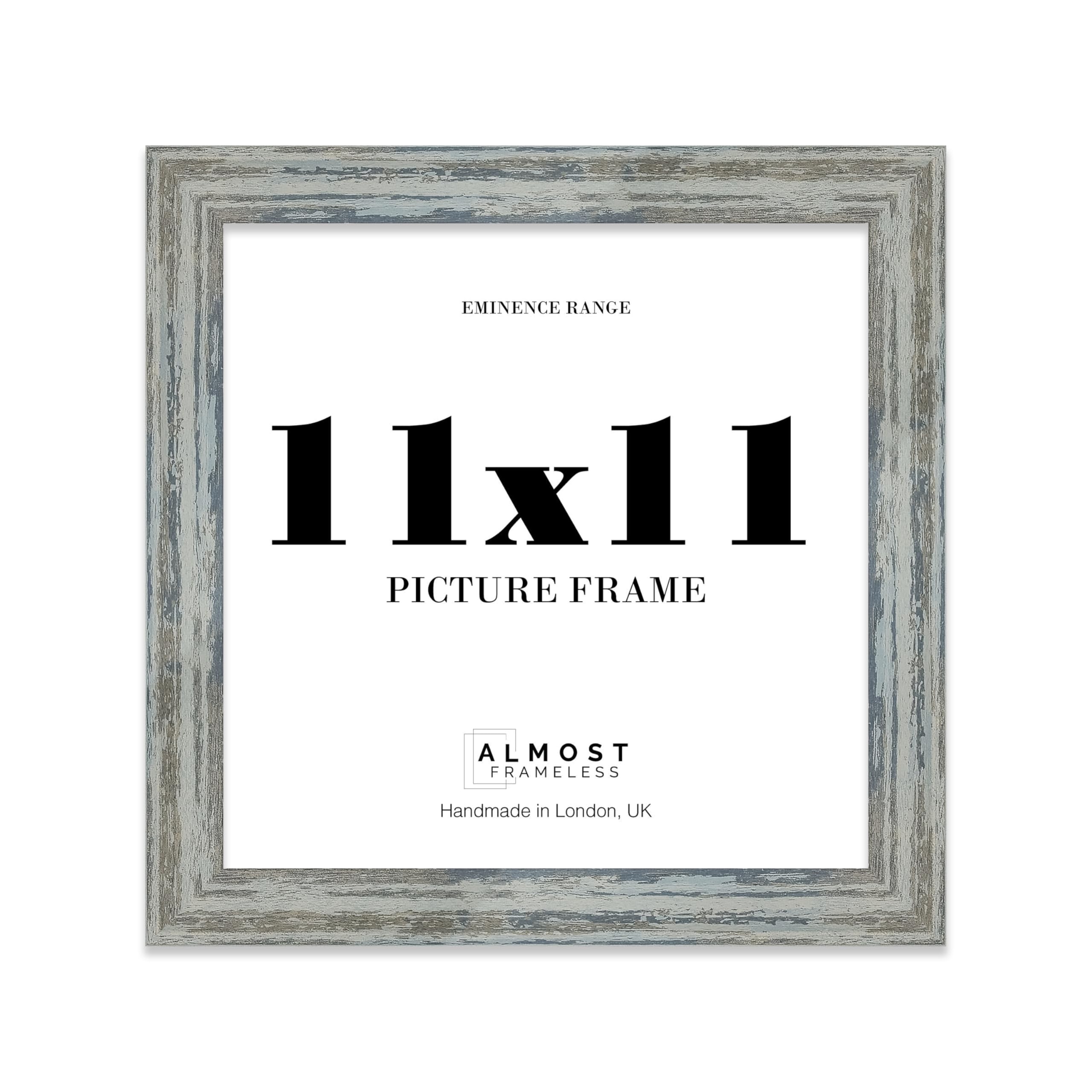 11x11" Distressed Blue Picture Frame - Rustic Wood Industrial Effect Photo Frame for Wall Display, Ideal for Posters, Prints & Home Décor, Wall Hooks and Kickstand, 32mm Edge - 1 Pack