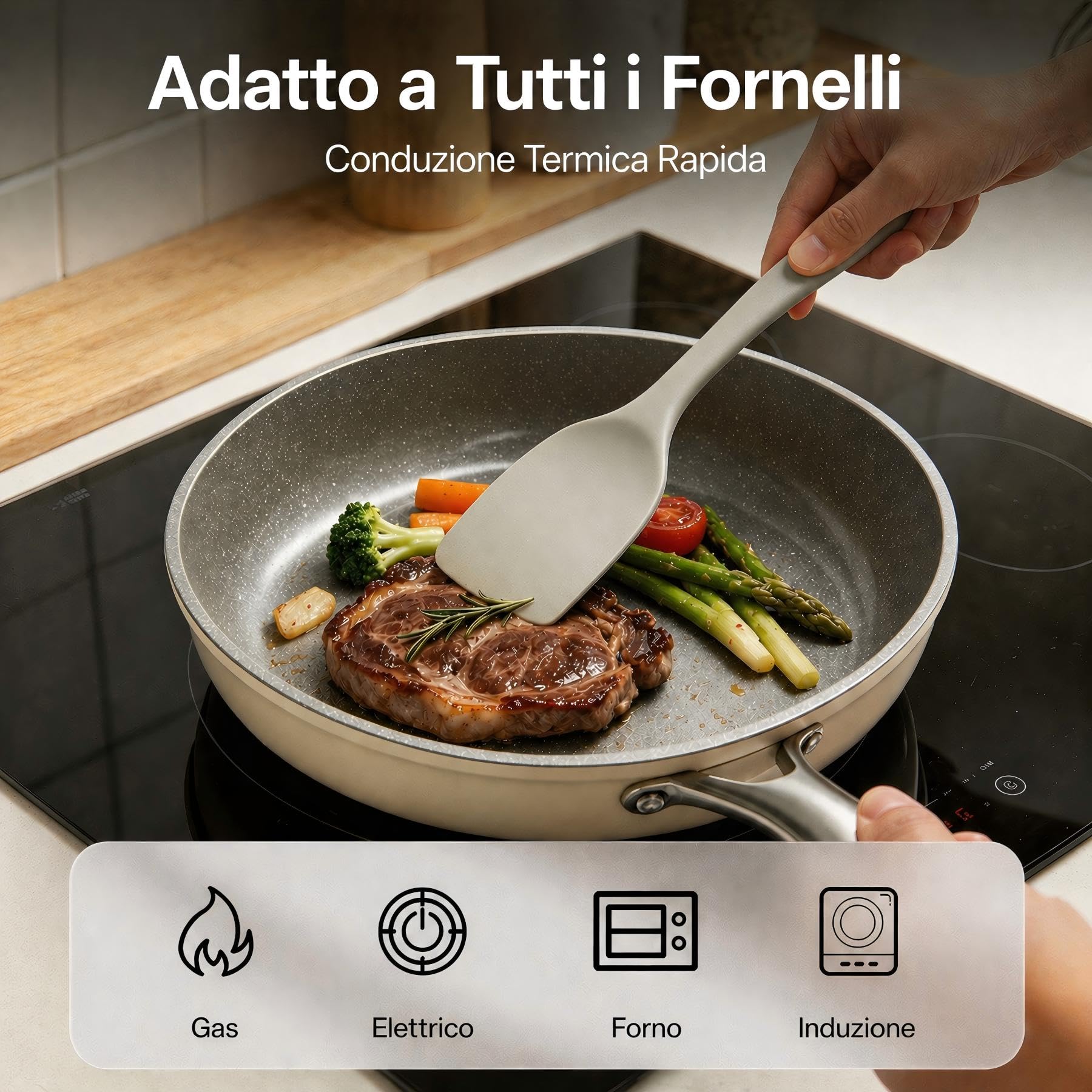 Padella Antiaderente 28cm, Resistente ai Graffi Grande Padelle in Ceramica, Compatibile con Induzione,Lavabile in Lavastoviglie, Senza PFOA e PTFE, Bianco Latte