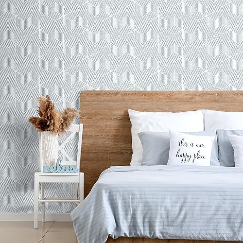 Miniatura 4 de Livelynine Papel tapiz abstracto geométrico para despegar y pegar, diseño moderno de rayas azules y blancas, rollos de papel tapiz prepegado a rayas