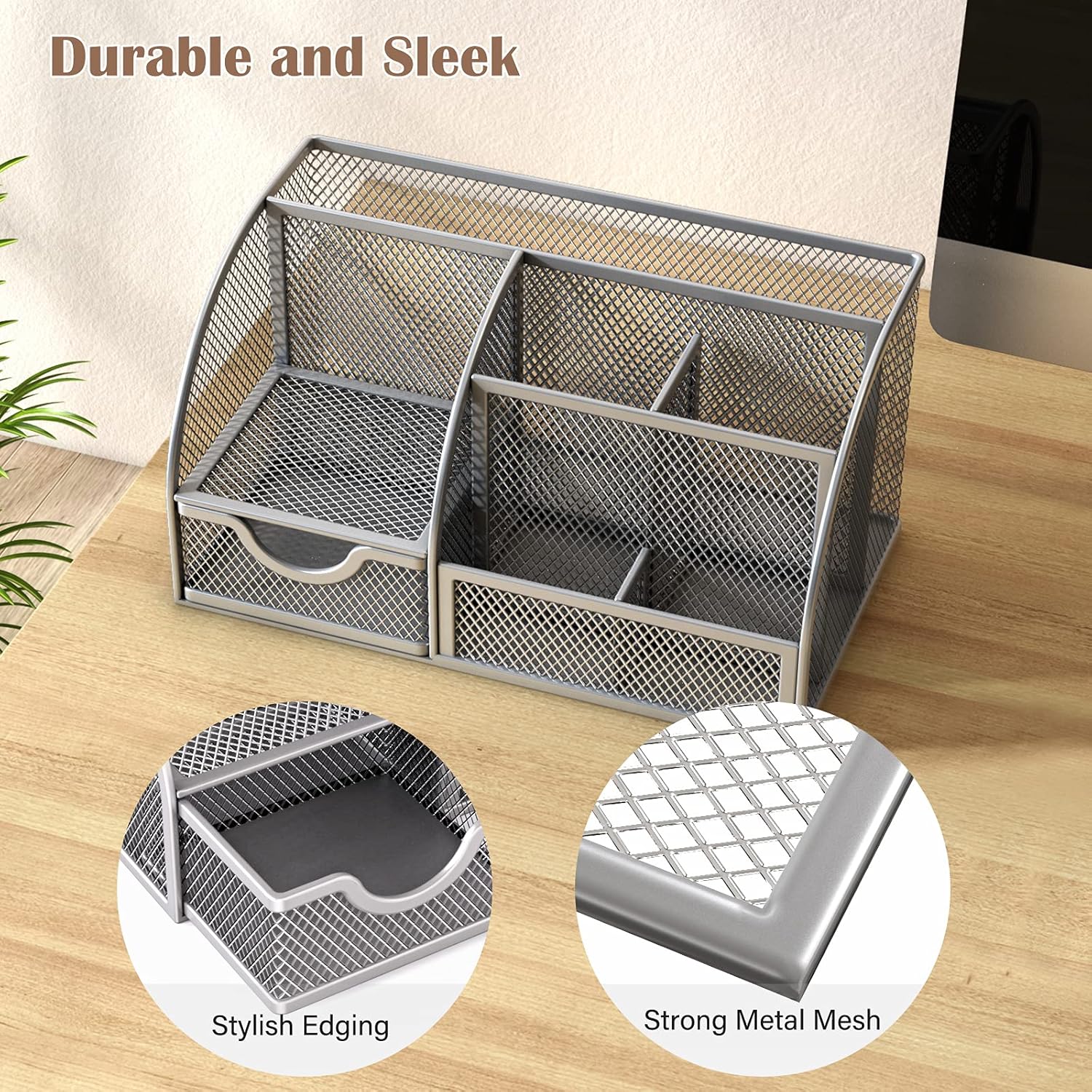 Mesh Desktop Organizer Office Supplies Caddy Multi-Functional Desk Accessories Metal Stationary Holder with 6 Compartments and 1 Drawer for Home, Office, School, Classroom by STOREMIC (Sliver) : Office Products