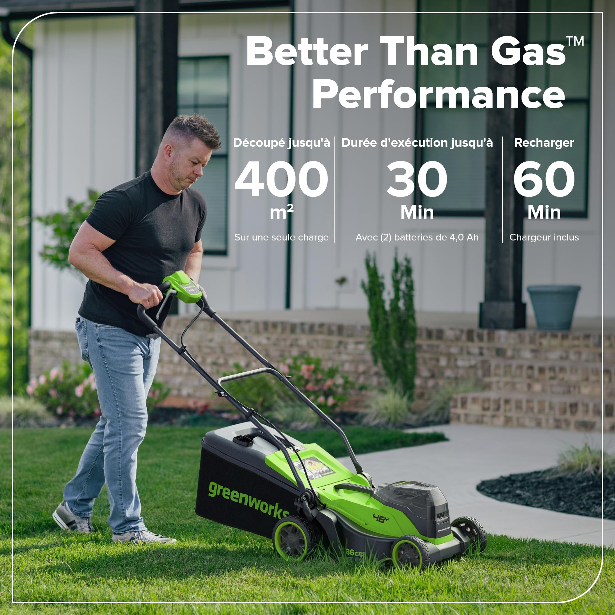 Greenworks 48V (24V x 2) Tondeuse Gazon sans Fil avec Moteur sans Brosse, Largeur de Coupe 35 cm, Sac de 40L,Tondeuse Electrique Gazon Inclus Batterie 24V 4Ah et Chargeur, Garantie 3 Ans-MO48L421-01