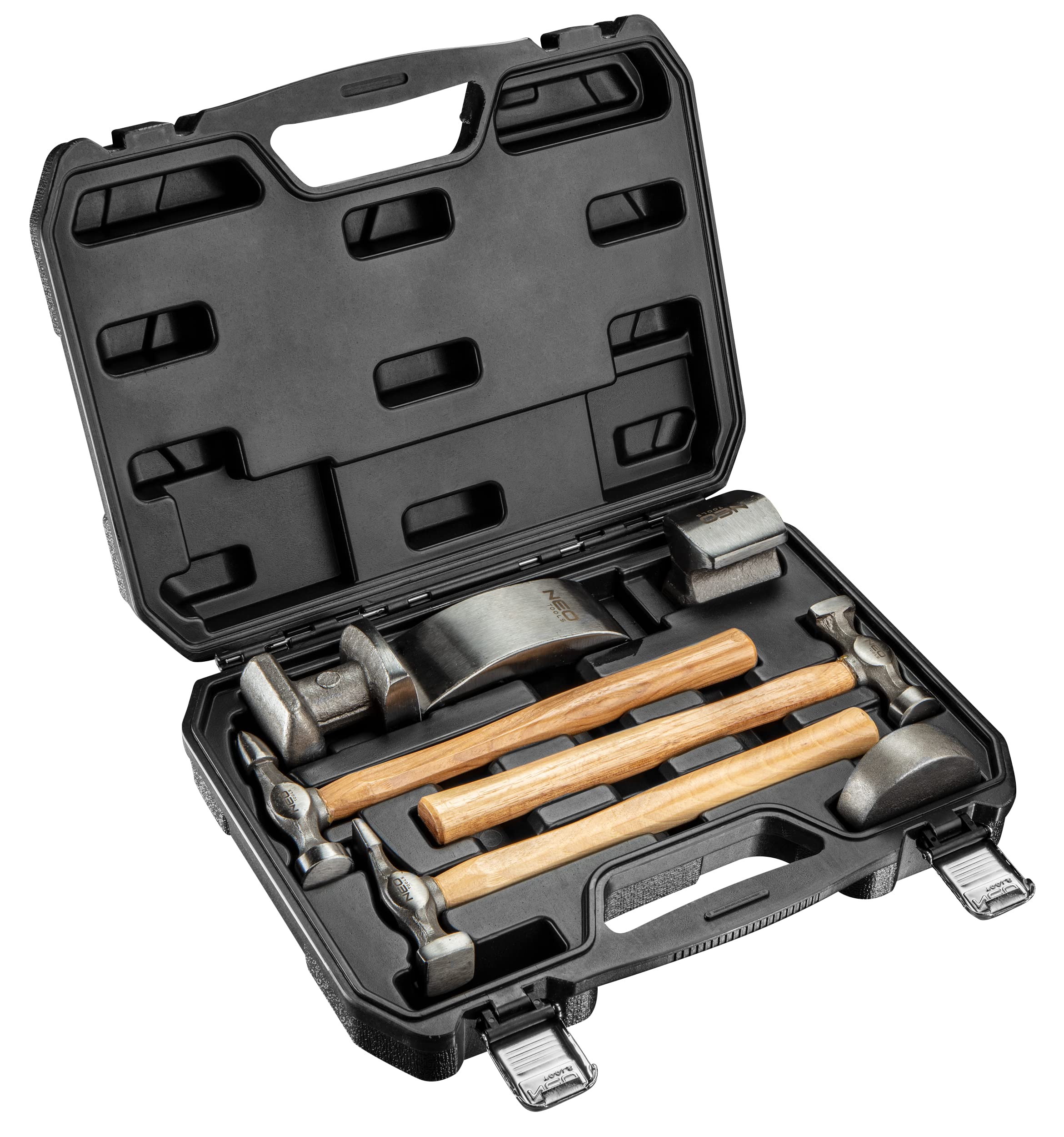 NEO TOOLS Blechhammer-Set: 3 Hämmer mit Holzgriff, 4 Unterlegscheiben zum Profilieren von Blechen