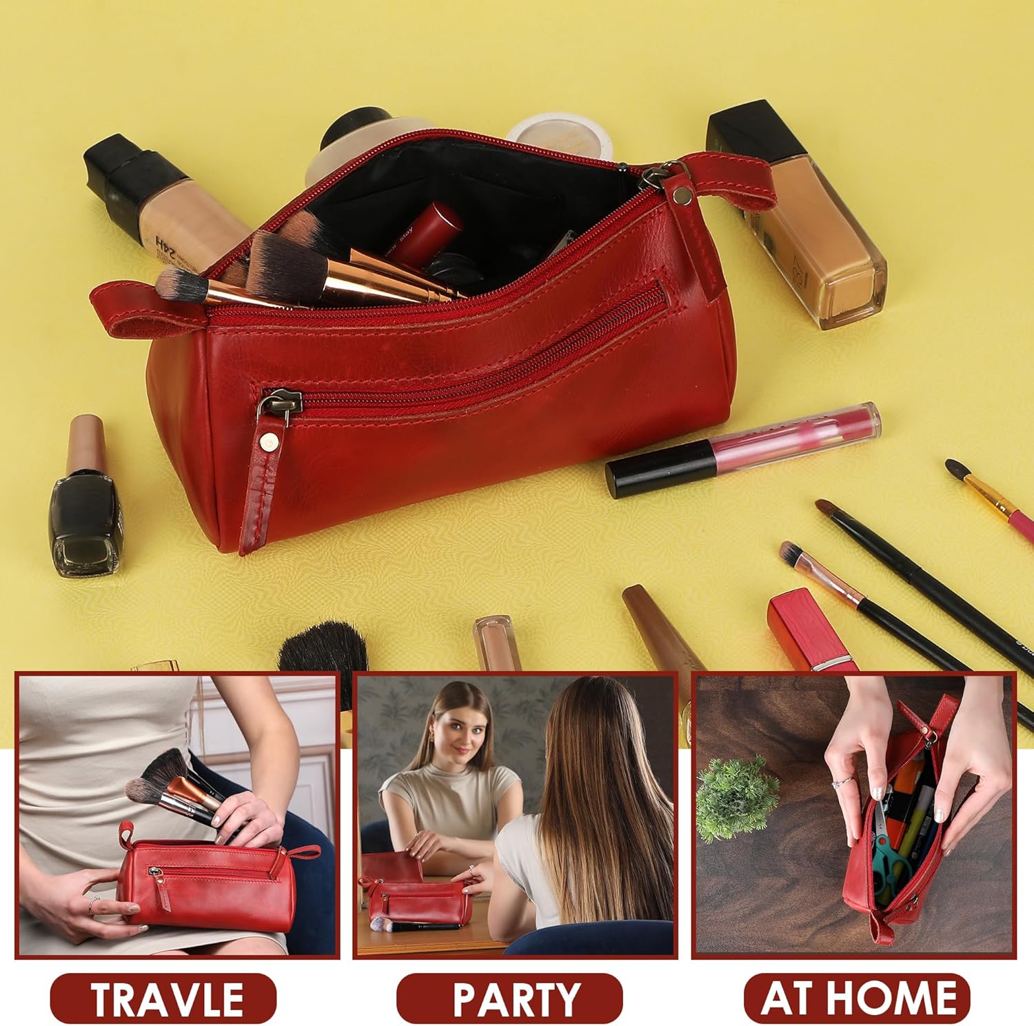 Leather Makeup Bag for Women – Genuine Leather Cosmetic Bag Travel, Handmade Zippered Makeup Pouch, Small Toiletry Bag, Shaving Kit & Stationery Organizer- Red - Image 5