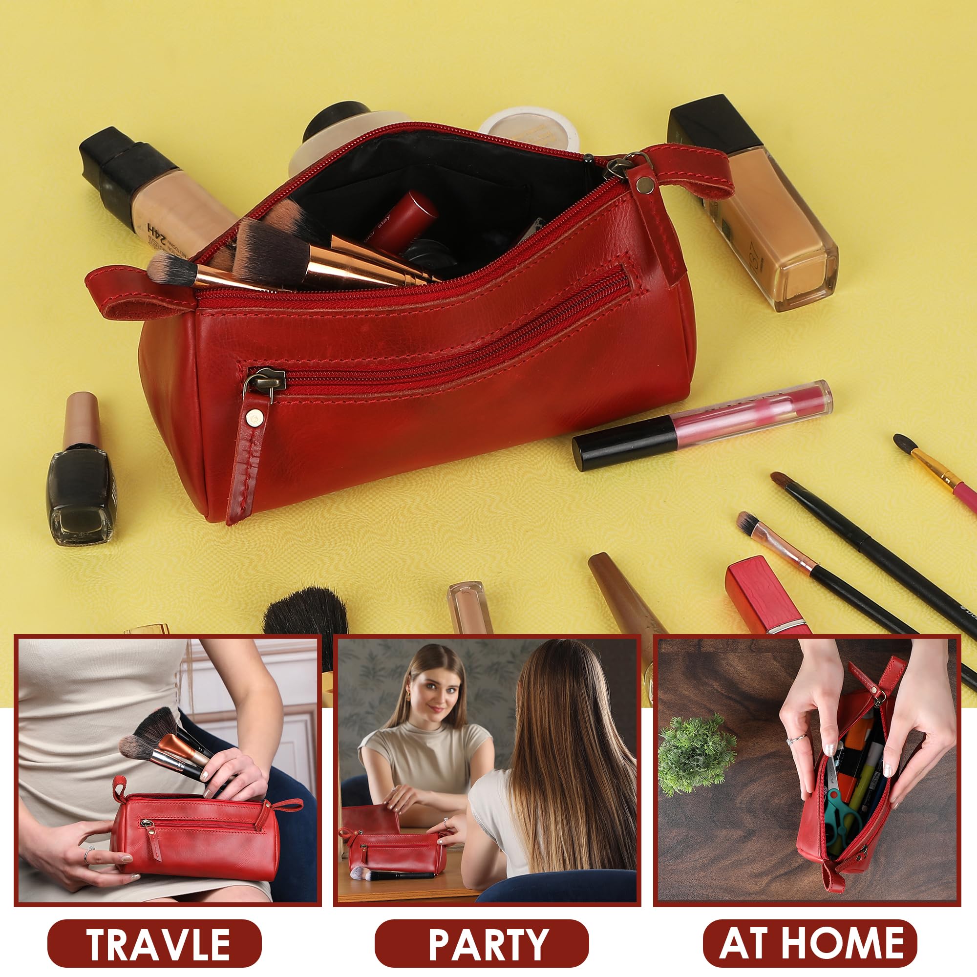 Genuine Leather Cosmetic Pouch with Zipper
