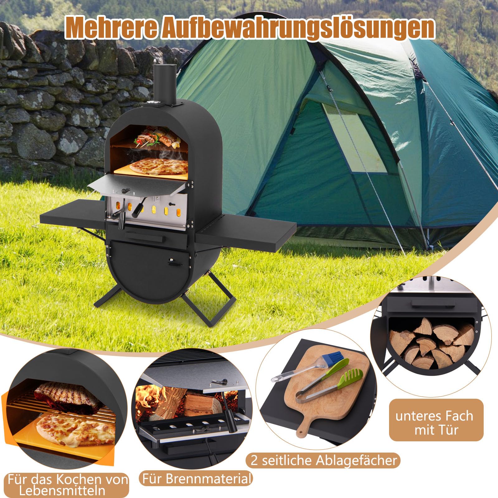 GOPLUS Piec do pizzy, outdoorowy piec do pizzy z kamieniem do pizzy 31 cm, łopatka do pizzy, ruszt do grillowania, termometr i pokrowiec ochronny, wolnostojący piec do pizzy z 2 bocznymi stołami, na