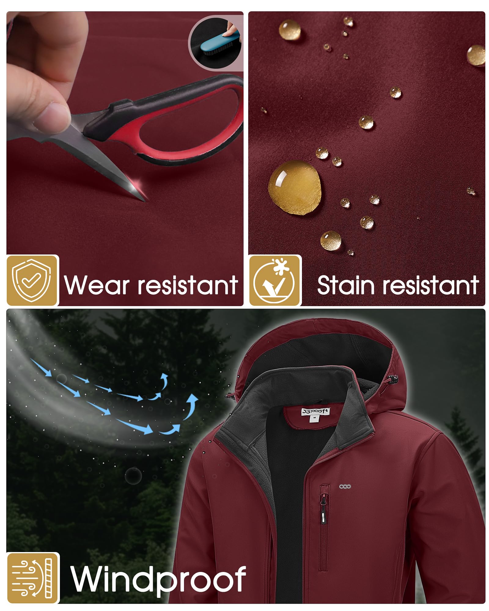33,000ft Chaquetas impermeables para hombre, forro polar, chaqueta softshell, múltiples bolsillos, abrigo resistente al viento con capucha desmontable