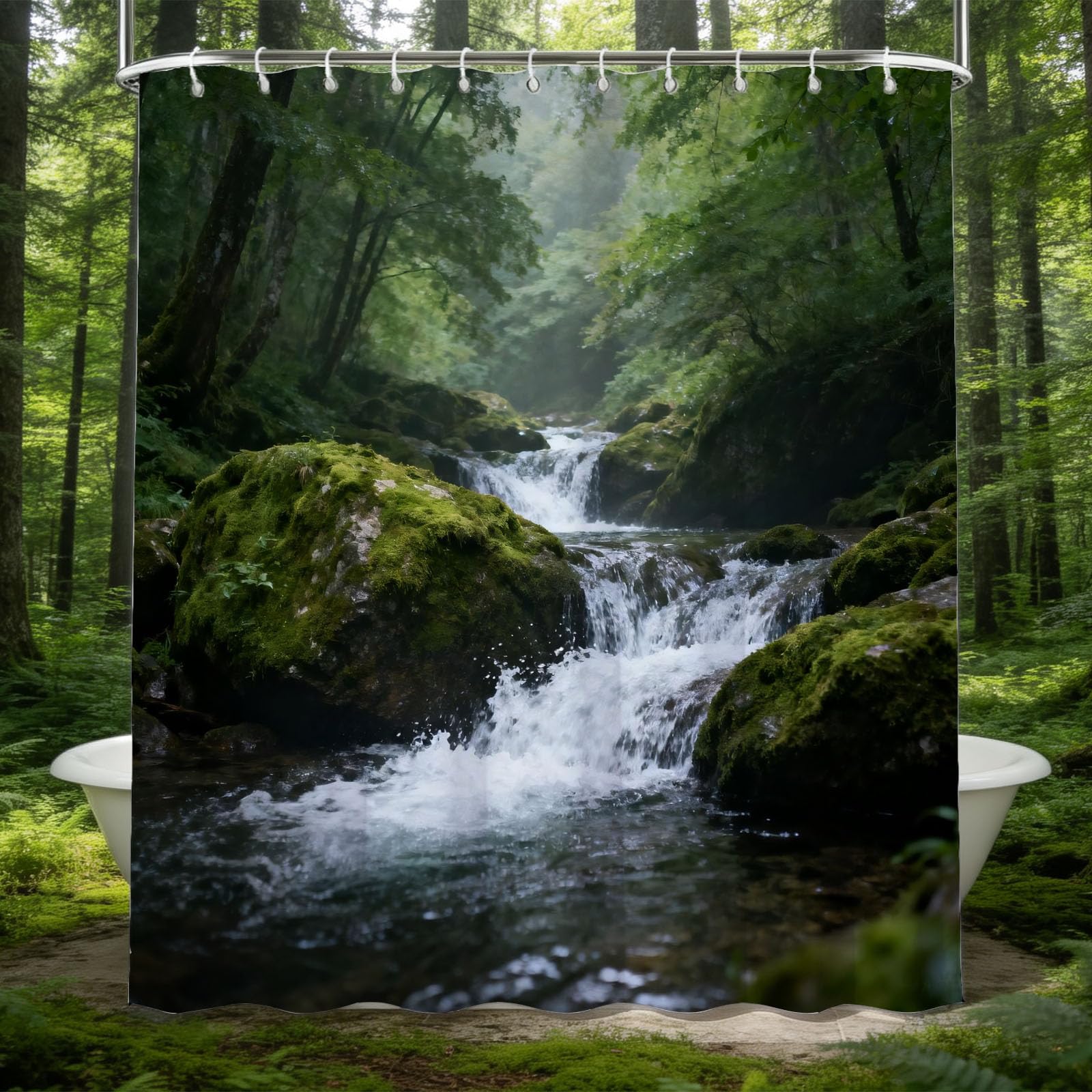 Hongduo 3D Forest Stream Shower Curtain for Stalls Bathtubs Nature Theme Bathroom Decor Shower Curtain Set Polyester Fabric Waterproof 200x200cm/79X79 Inch with Hooks