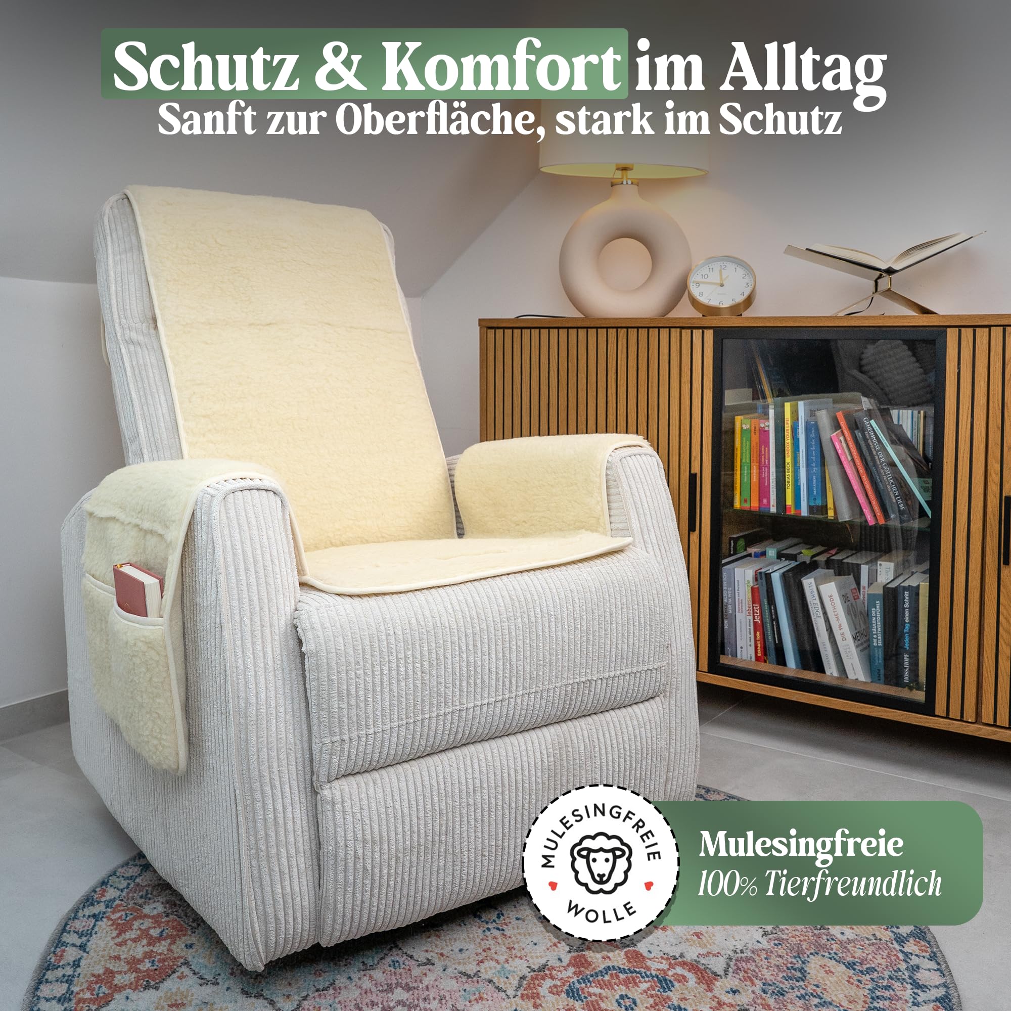 Novaliv Sesselschoner für Relaxsessel Natur Universeller Sesselschoner mit Armlehne Schonender Sessel Bezug aus Schurwolle Komfort Sesselbezug Relaxsessel Sesselauflage Sesselüberwurf mit Armlehne