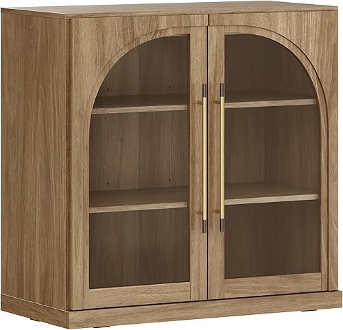 Miniatura 8 de BELLEZE Aparador modular con puerta de vidrio arqueada, gabinete de buffet con almacenamiento y estantes ajustables, diseño clásico moderno para