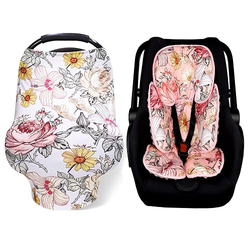 Funda de asiento de coche para bebé floral, toldo para asiento de coche infantil, almohada de apoyo corporal para asiento de coche infantil rosa