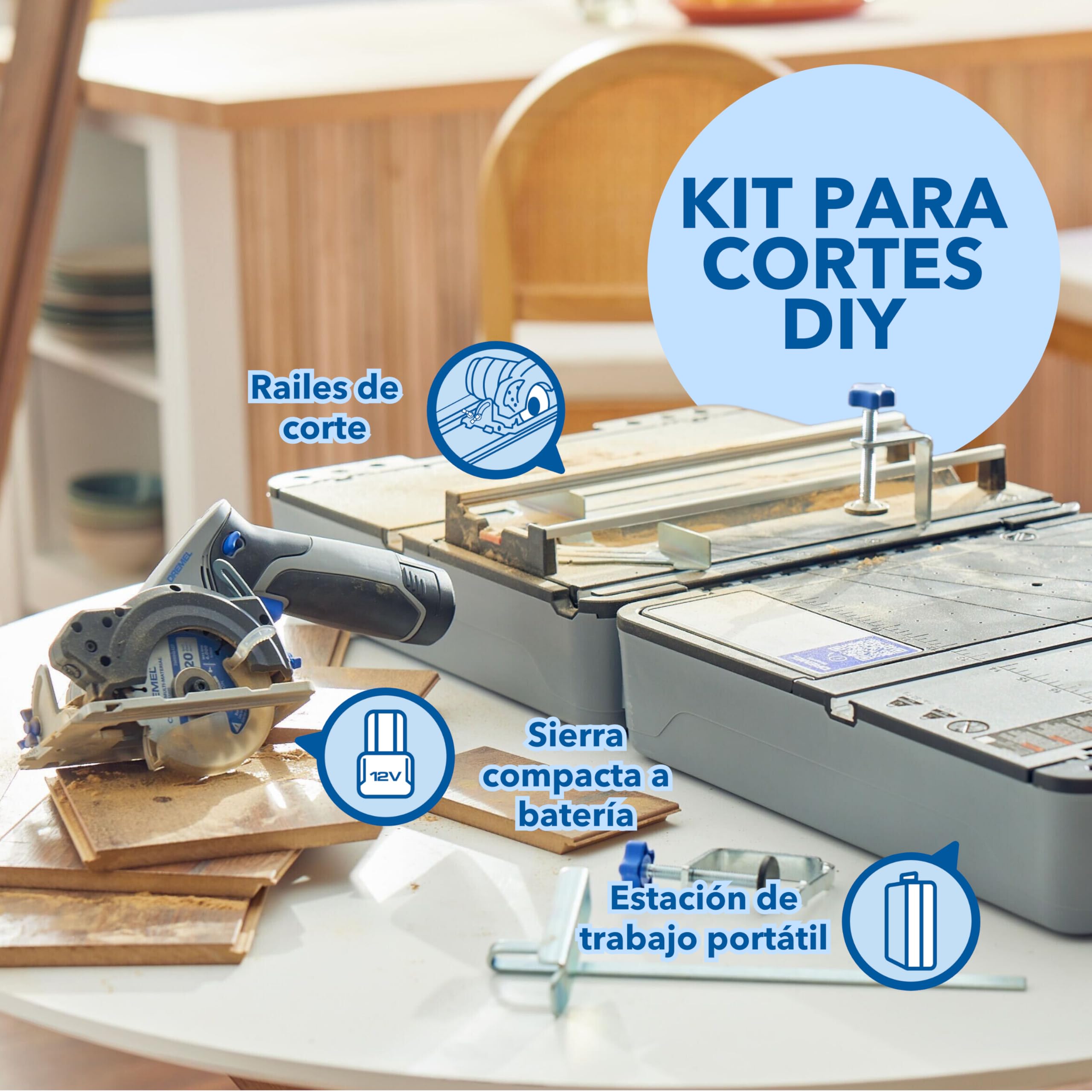 Dremel Blueprint Estación de Sierra Circular Portátil 12V Sin Escobillas con Estación de Trabajo 1x Disco Multimaterial, 1x Guia de Corte, 1x Adaptador de Polvo, 2x Gatos